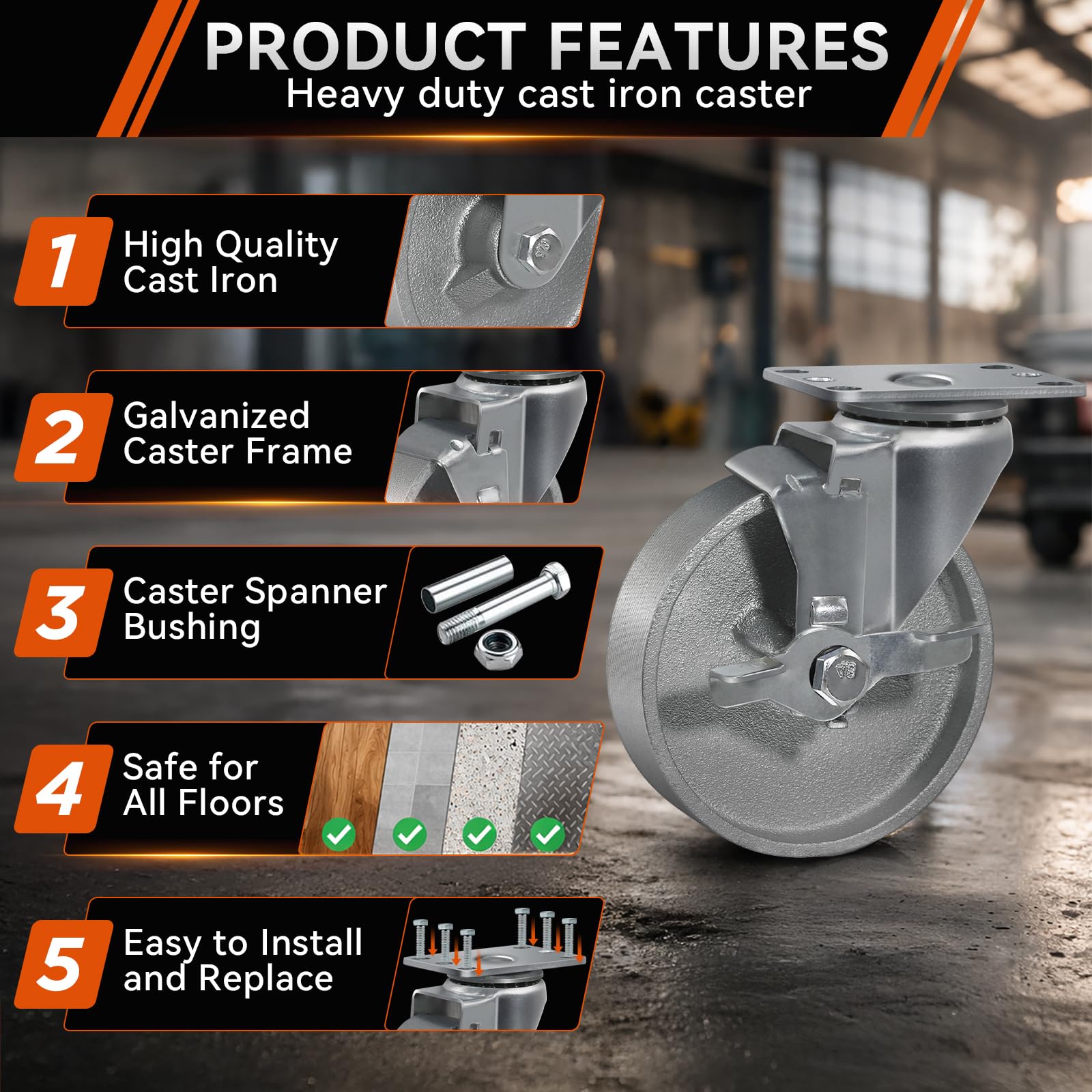 Ruote girevoli in ghisa semi-acciaio, 12,7 cm, set di 4 ruote resistenti con capacità di 907,2 kg, ruote in metallo per carrello da lavoro mobili
