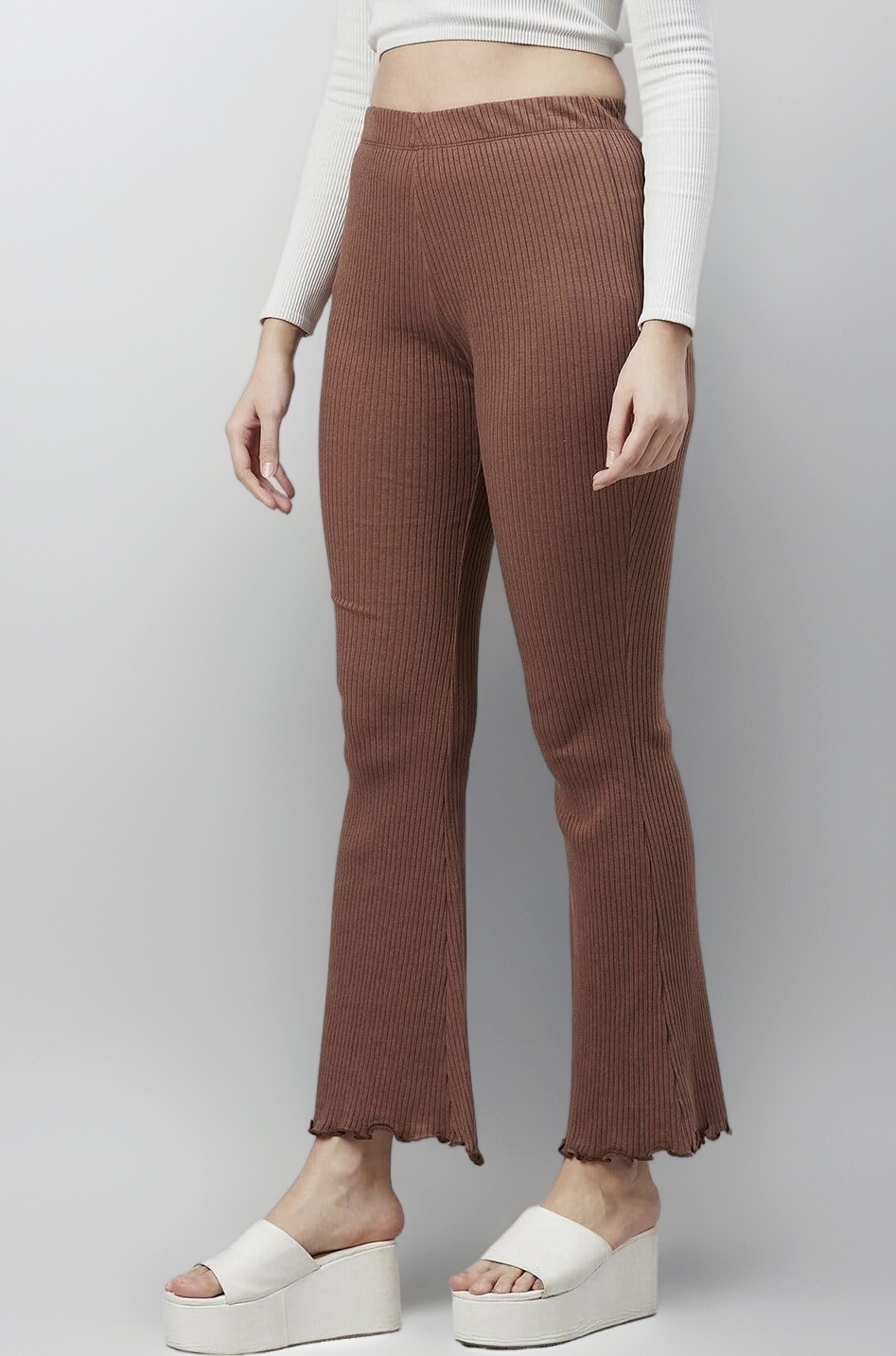 BLINKIN Women's Stretch Fit Mid Rise Ribbed Stretchable Flared Pants | Boot Cut Bell Bottom Pants - Ideal for Yoga & Gym Wear, Casual Wear & Office Wear Trousers