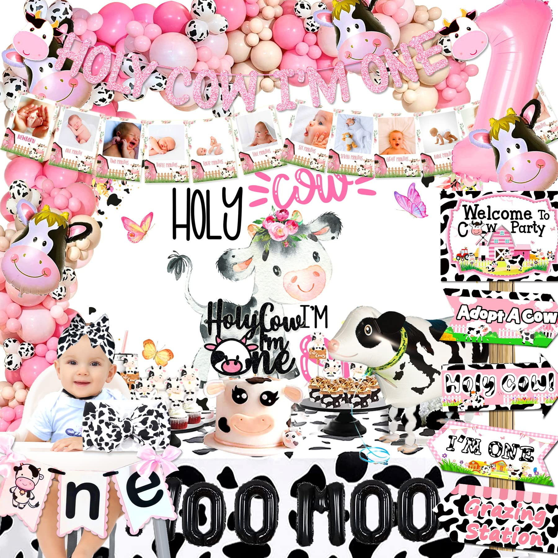 Holy Cow Im One Birthday Decorations Girl, Cow Theme First Birthday Party Decorations,Cow 1st Birthday Party, Backdrop, Cake Topper, Balloons,Highchair Banner for Farmhouse Cow First Birthday Party