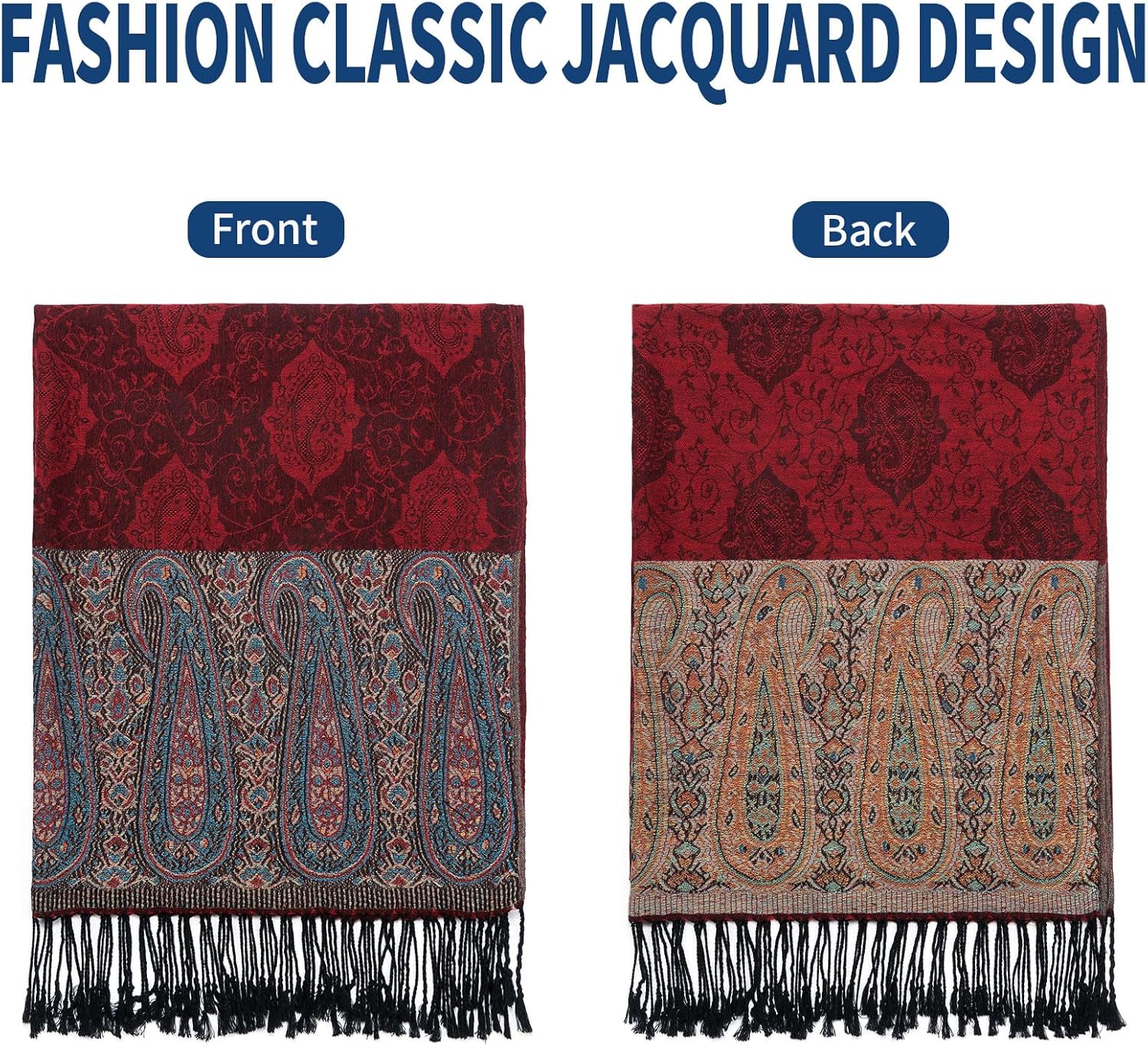 Paisley Pashmina Shawl Wrap Women Reversible Vintage Jacquard Pashmina Rave Scarf with Fringe for Evening, Wedding - Image 4