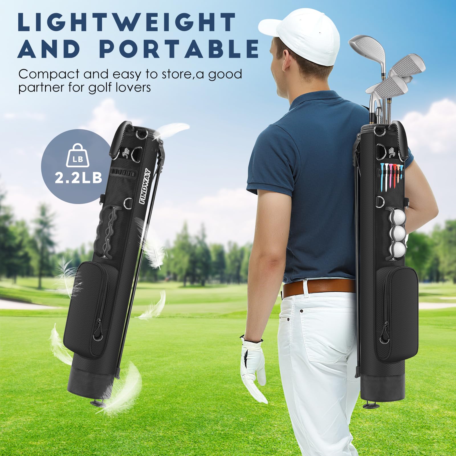 Findway Torba na kluby golfowe z paskiem, lekka i łatwa do przenoszenia oraz trwała torba do golfa Pitch n Putt na pole ćwiczebne, pole Par 3 i pole Executive, 80 cm wysokości (PBK)