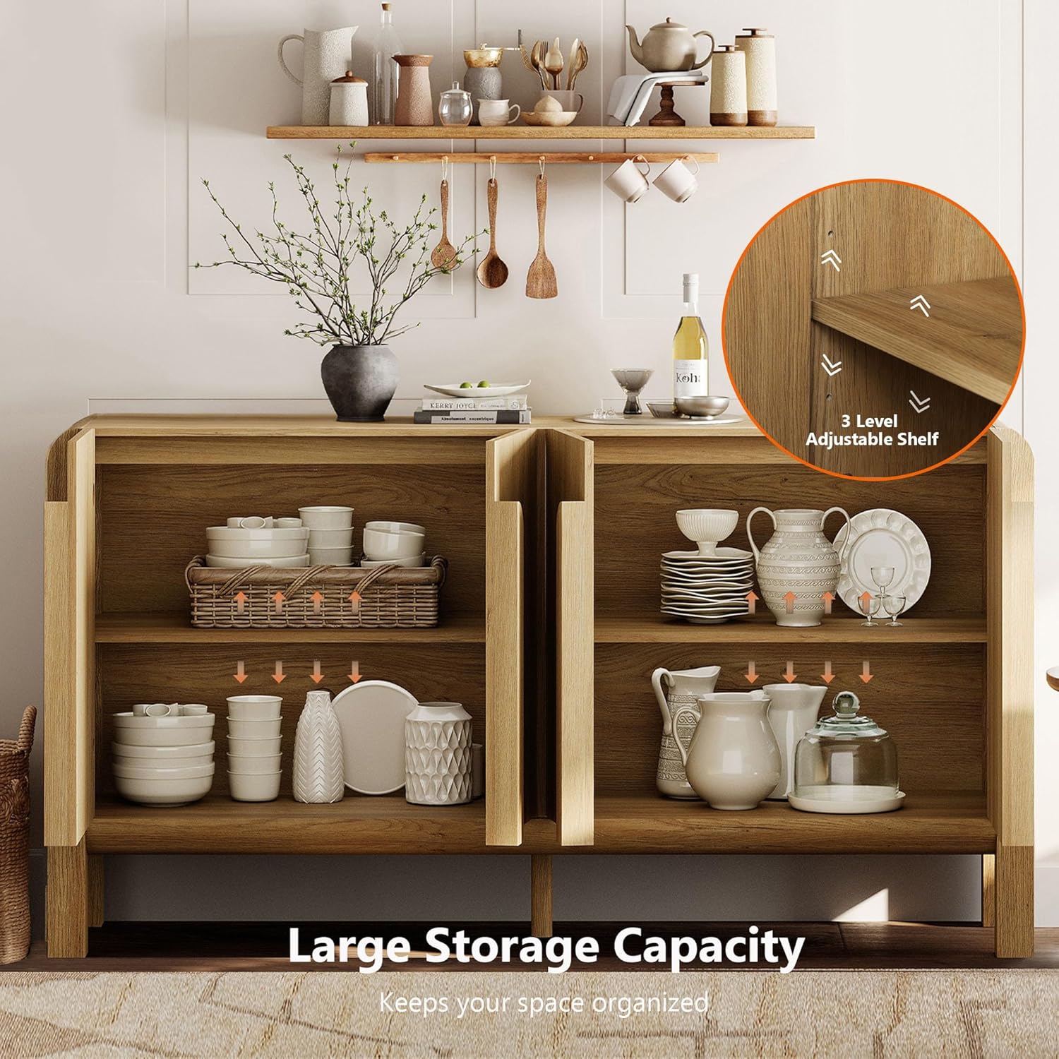 WAMPAT 63" W Large Buffet Sideboard Cabinet with Storages, Modern Buffet Table Coffee Bar Wine Bar Storage Curved Cabinet with 4 Doors for Dining Room, Living Room, Kitchen, Light Walnut - Image 5