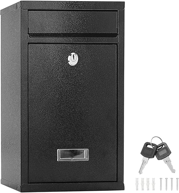 MorNon Post Box Letter Box Wall Mounted Mailbox Lockable Waterproof Letterbox Outdoor Steel Parcel Delivery Box Black 32 x 21.5 x 8.5cm