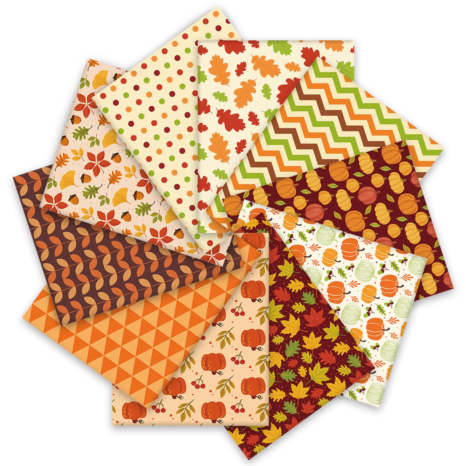 Whaline - 10 paquetes de tela de algodón otoñal con hojas de calabaza, cuadrados de tela para Acción de Gracias, costura para manualidades hechas a mano, decoración de fiestas, 10 x 10 pulgadas