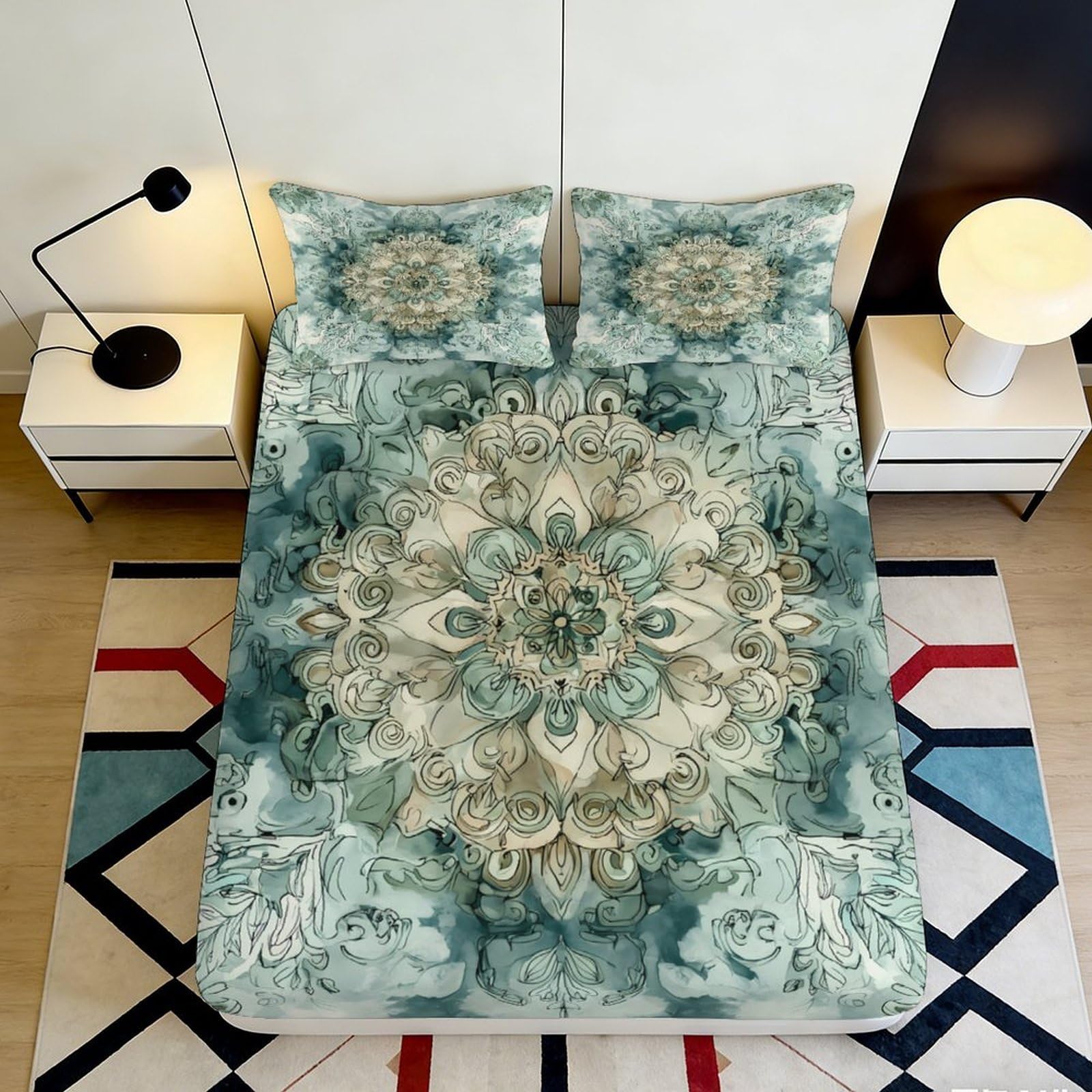 Dhbaneiok Style-4 3D Printed Vintage Mandala Fitted Sheet Microfiber Soft Green Floral Mattress Cover Bedroom Decor Washable 90X200x25cm