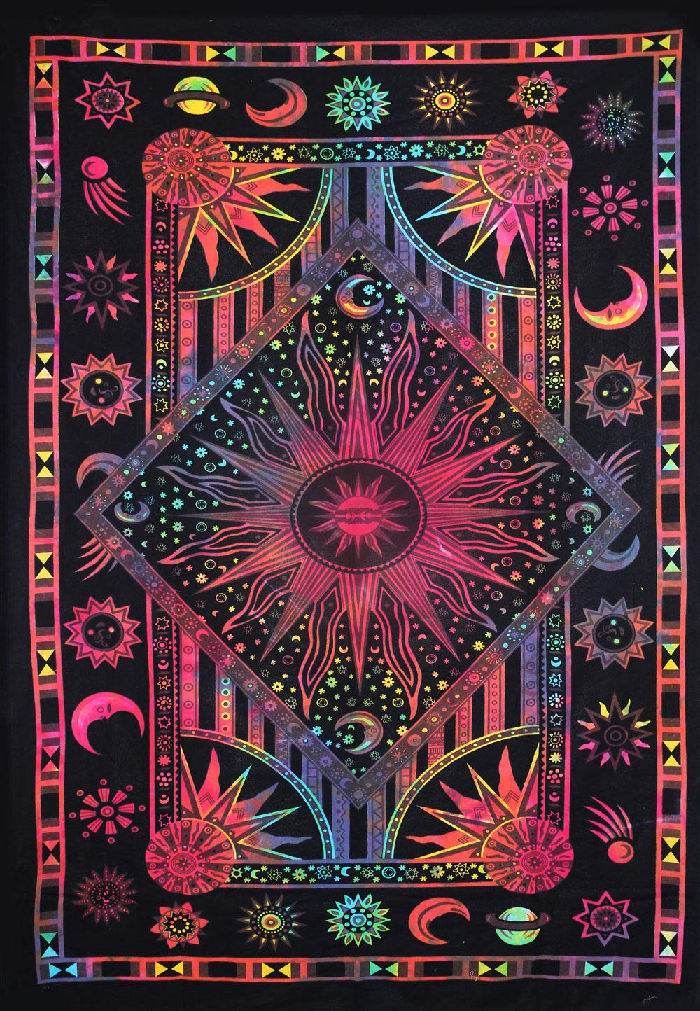 Ava Collections Multicolour Burning Sun Moon Tapestry Cotton Wall Hangings Tapestries Celestial Burning Sun Tapestry Bohemian Wall Hanging Planet Tapestry 85" X 54" Inches (, Twin)