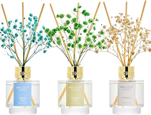Airkeep Juego de 3 difusores de varillas de aceite de pera, jazmín, menta, gardenia, fresia, para dormitorio, sala de estar, oficina, aromaterapia,