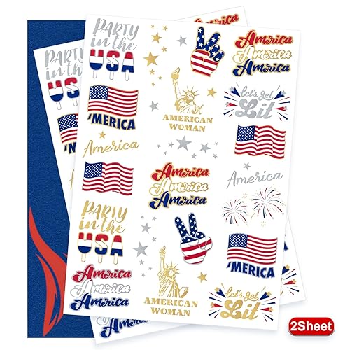 Miniatura 2 de Decoraciones del 4 de julio, tatuajes temporales de 34 estilos de Estados Unidos, suministros de fiesta rojo, blanco y azul, accesorios del 4 de