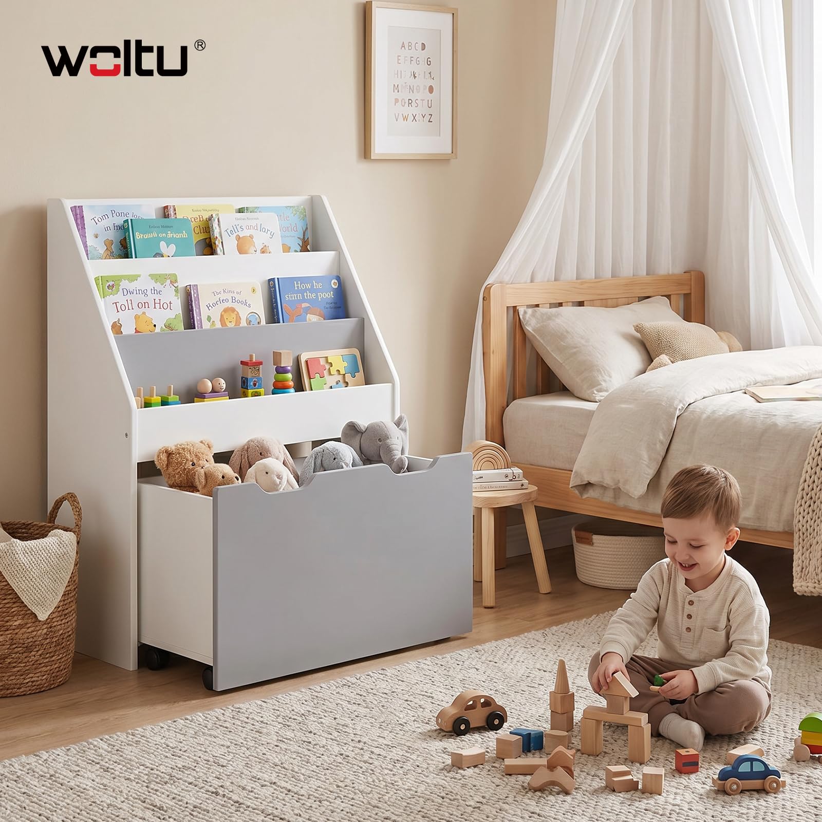 WOLTU Étagère à Livres pour Enfants Bibliothèque en MDF Boîte de Rangement avec 3 Compartiments et 4 roulettes intérieurs, Gris et Blanc