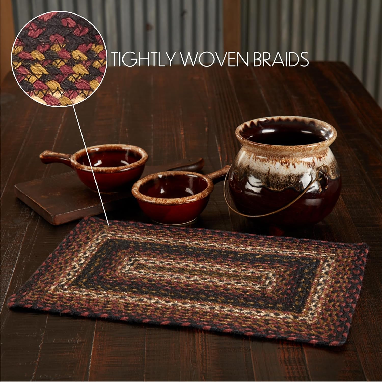 VHC Brands Country Beckham Table Placemat, Red Black Tan, Jute Blend, Rectangle, 12x18 Inches