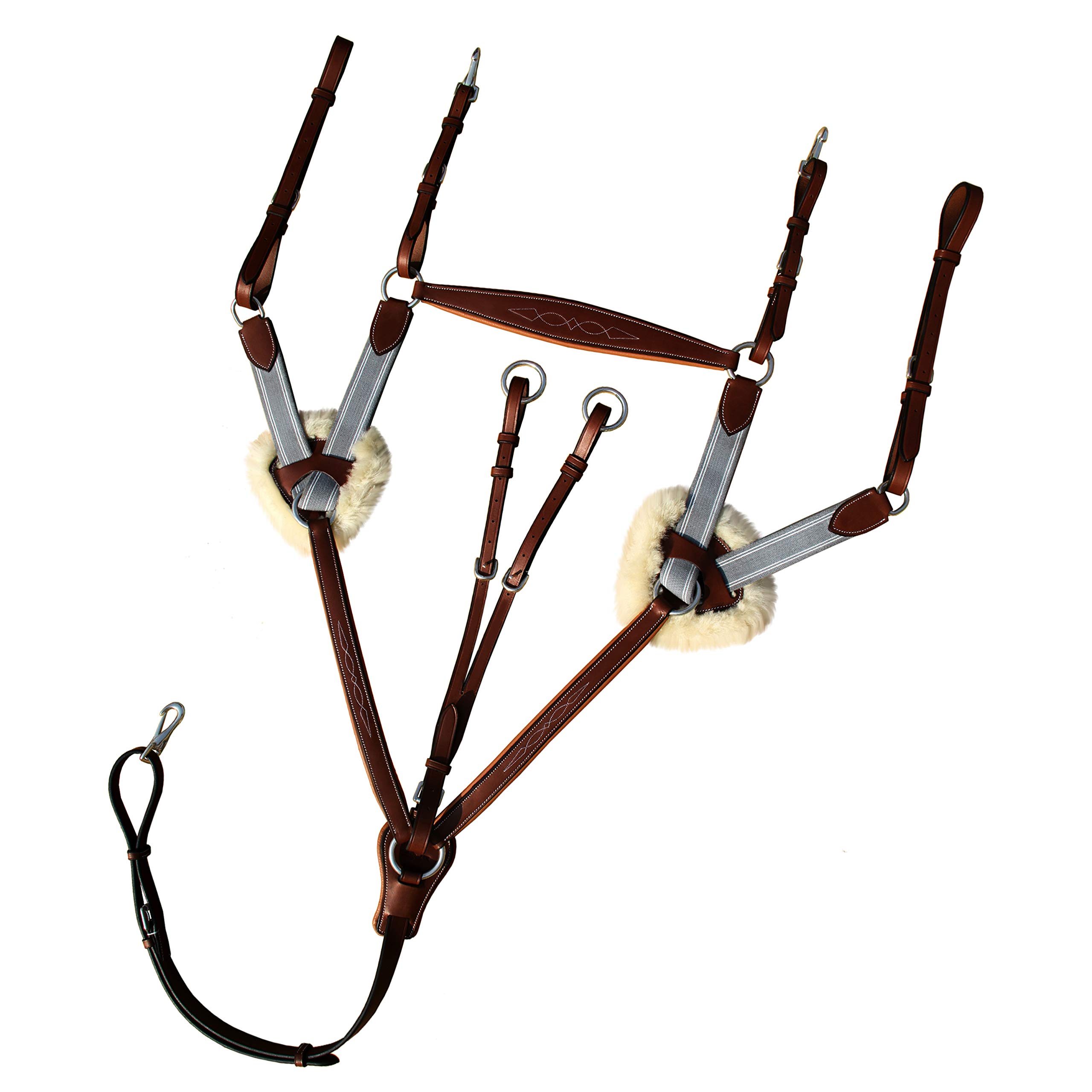 Five Point Leather Breastplate with Running Attachment & Sheepskin Fur Padding - Classic Grey Elastic | Brown, Black | English Leather Horse Elastic Breastplate