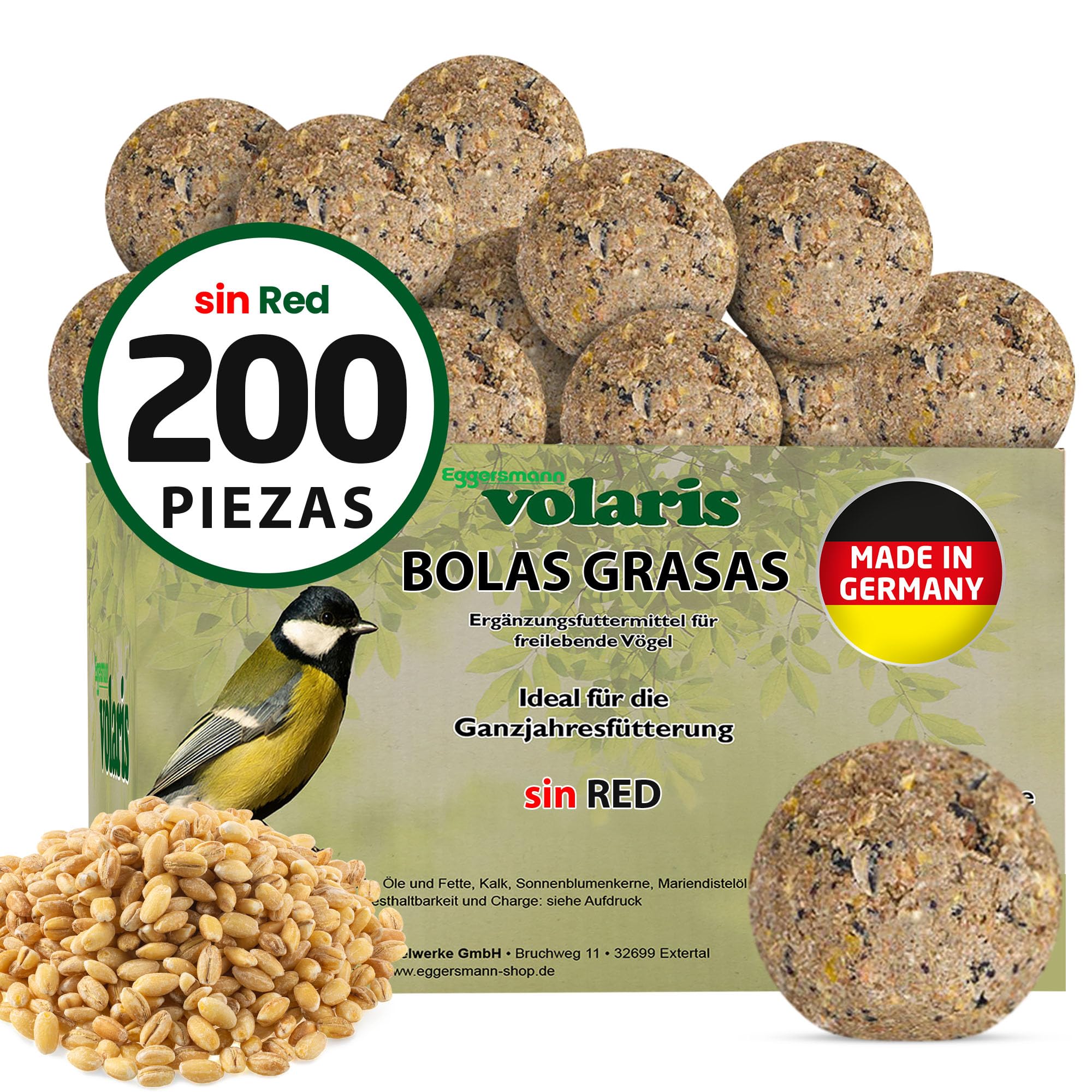 Eggersmann volaris Bolas de sebo sin red 200 piezas 18 kg Bola de sebo | Bola de granos para aves silvestres | Alimento nutritivo para todo el año para todas las especies de aves | Bolitas para