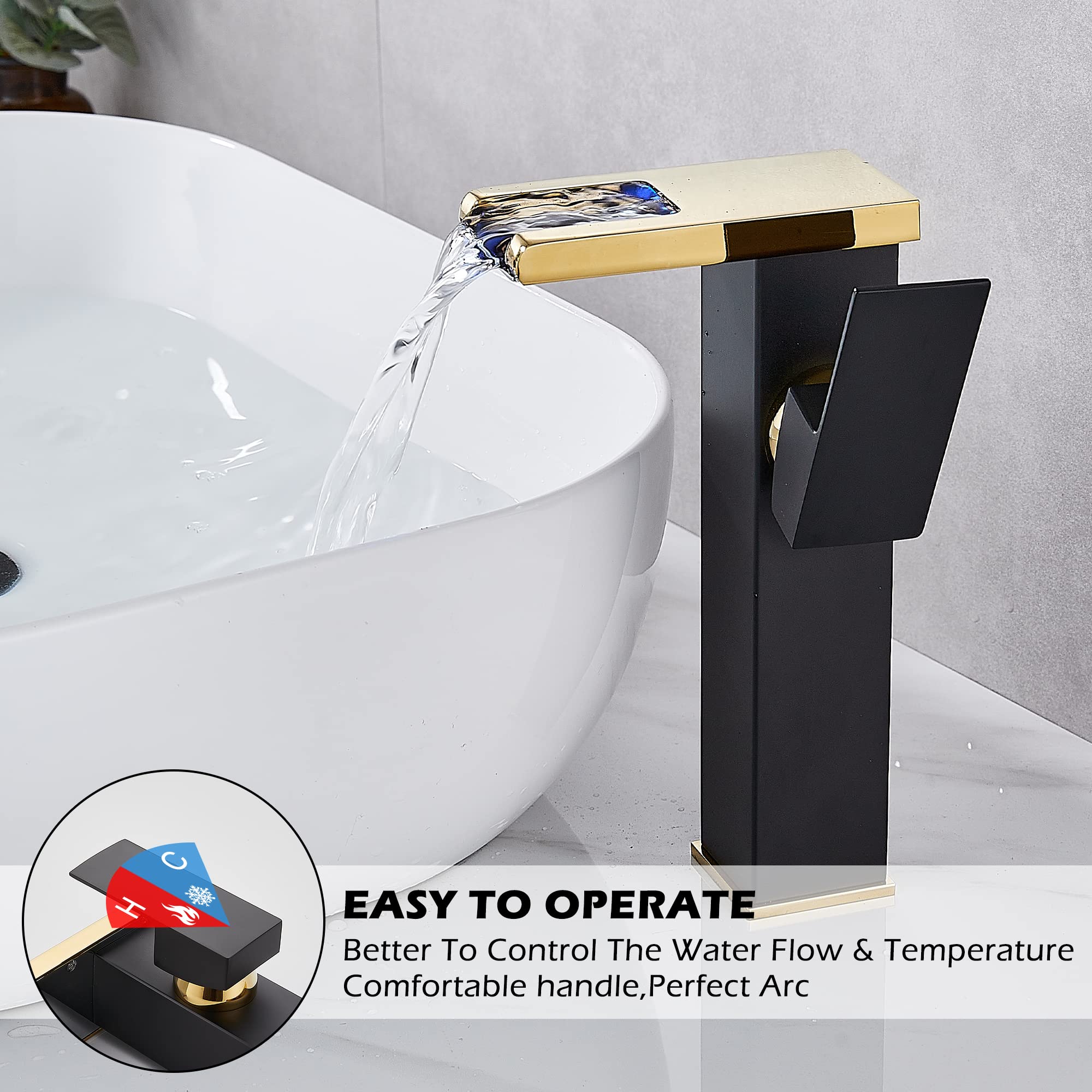 Rubinetto per lavabo a Cascata Oro Nero lavabo monoforo con Scarico a Scomparsa Senza troppopieno e Tubi di Alimentazione rubinetti per Bagno lavabo monocomando Rubinetto Vasca-