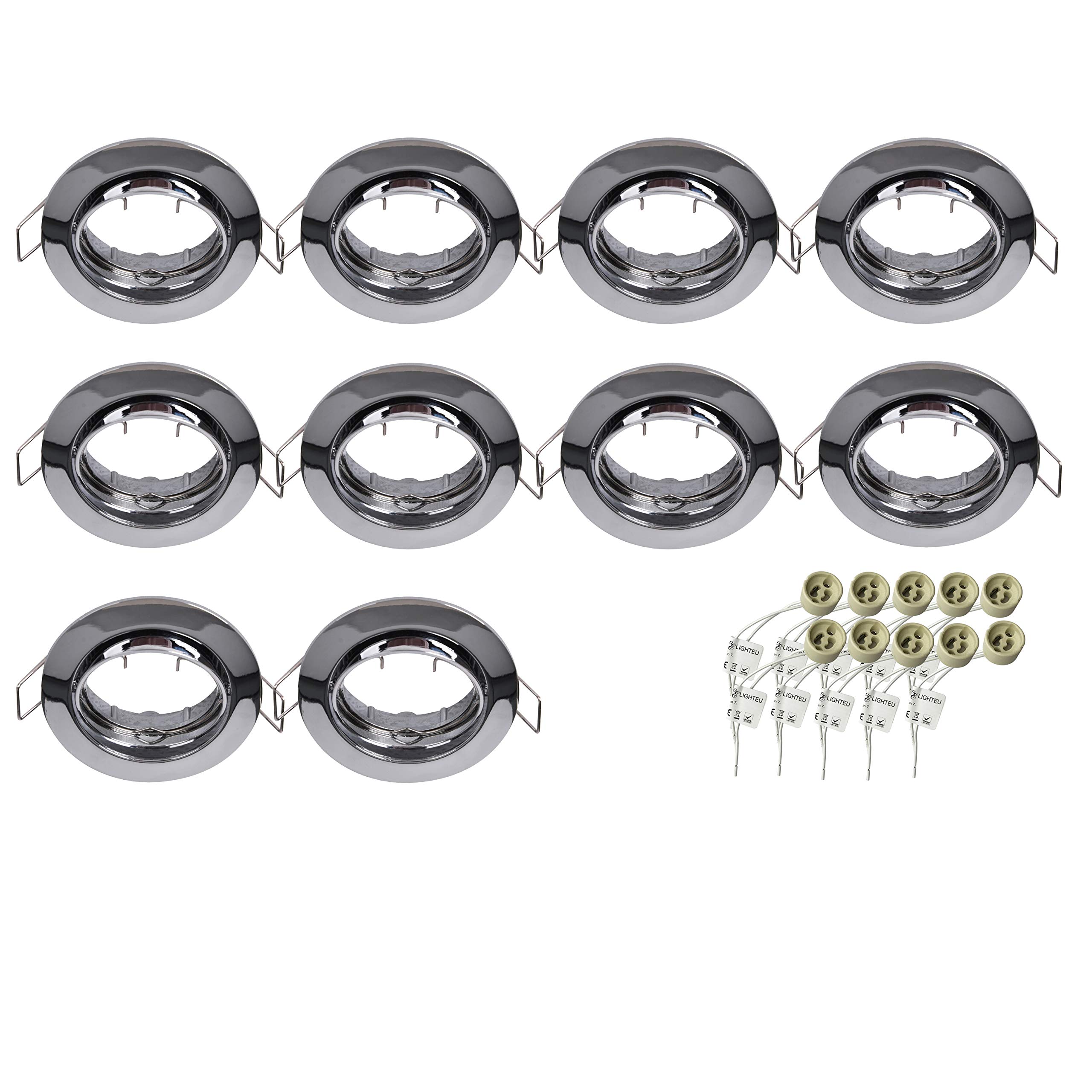 lighteu, 10x Flush-Mounted Spotlight Aluminium Frame, recessed GU10 Fitting incl. 10x GU10 Socket, Tilt Function, Ceiling Downlight Fitting, Chrome Finish โ image 1