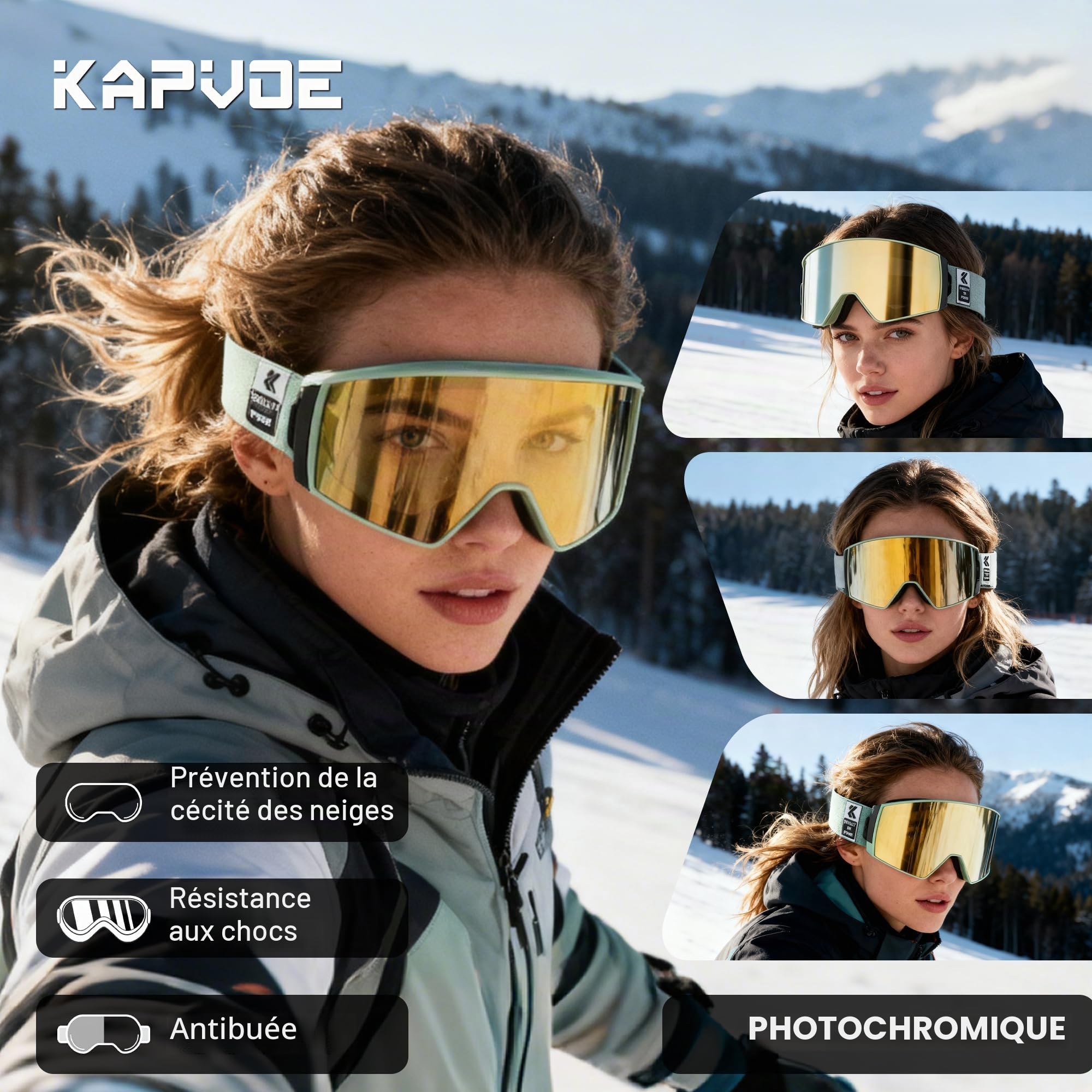 KAPVOE Masque de Ski Anti-Buée UV400 Lentilles Photochromiques Magnétiques OTG K721