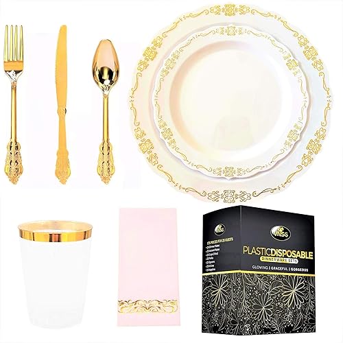 Juego de platos de plástico, 175 piezas para 25 invitados, platos de fiesta, 25 platos de postre, 25 tazas (10.1onzas líquidas), 25 tenedores, 25