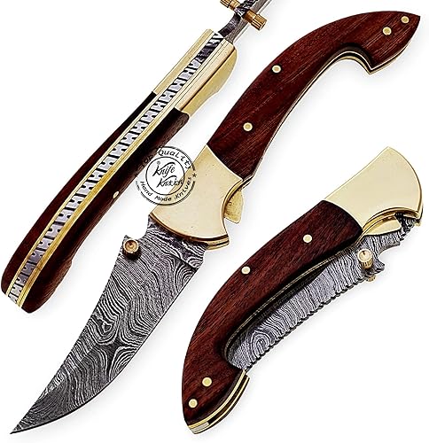 Hermoso cuchillo de bolsillo plegable de acero de Damasco de 7.25 pulgadas con refuerzo de latón, 100% de primera calidad