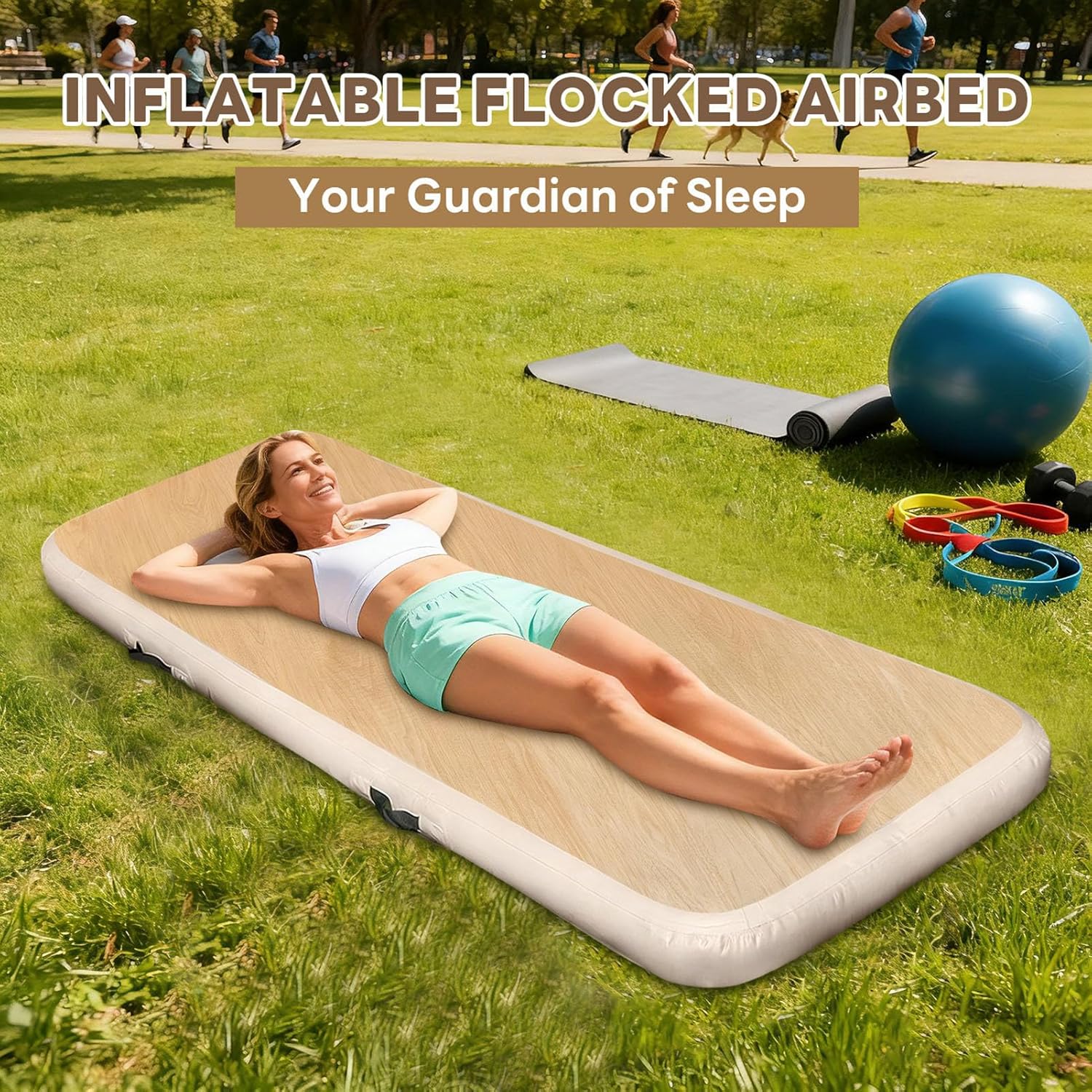 Air Sleeping Mattress Inflatable Camping Pad - PVC Outdoor Travel Hiking Backpacking Truck Picnic Lightweight Comfortable Rest Sleeping Mat Manual Air Pump Wood Grain 200x65x15cm