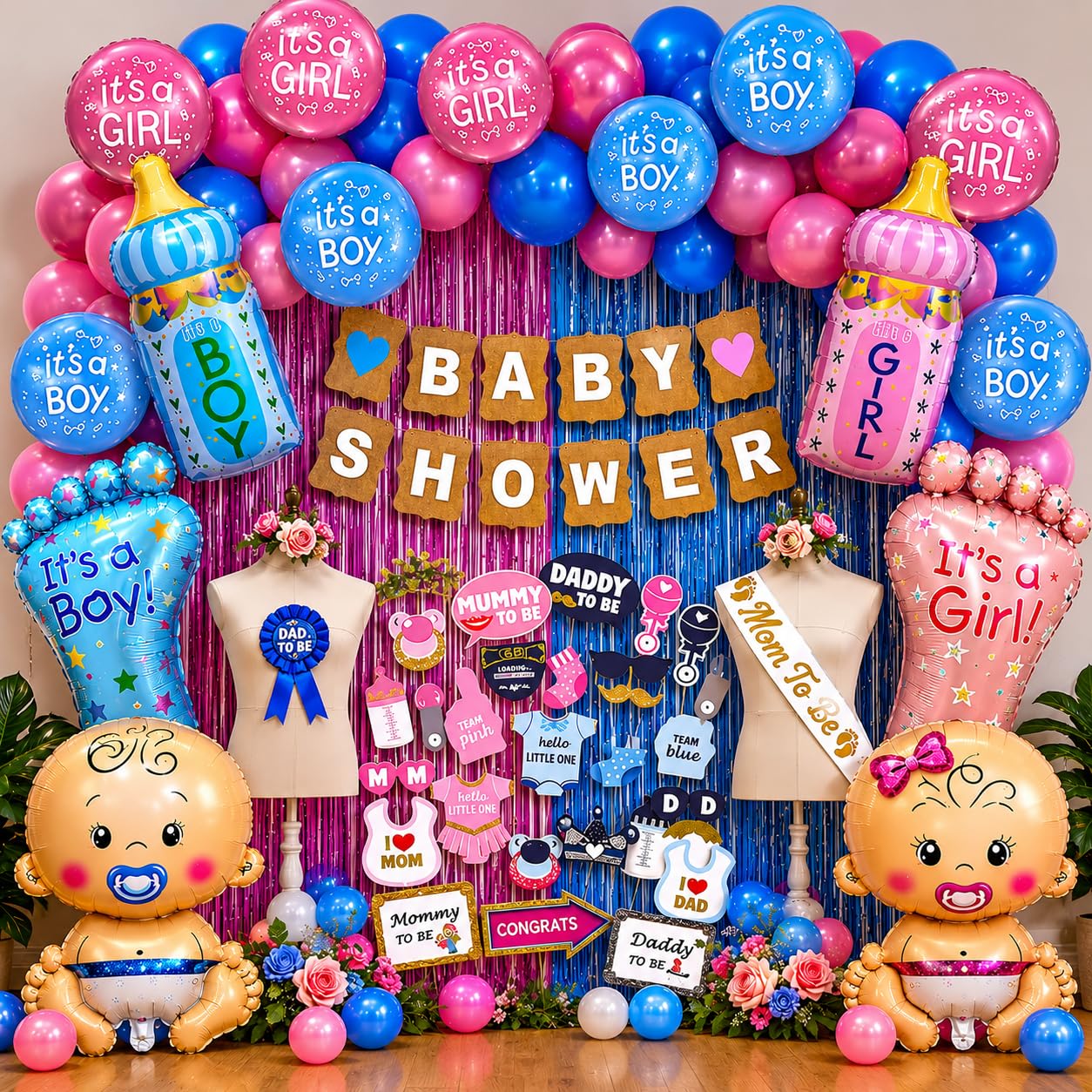 Party Propz Baby Shower Decorations Kit - 92 Pcs Baby Shower Backdrop Decoration Set, Props and Banner, Balloons, Foil Curtains, Mom to be Sash, Dad to be Badge, Godh Bharai Decoration set