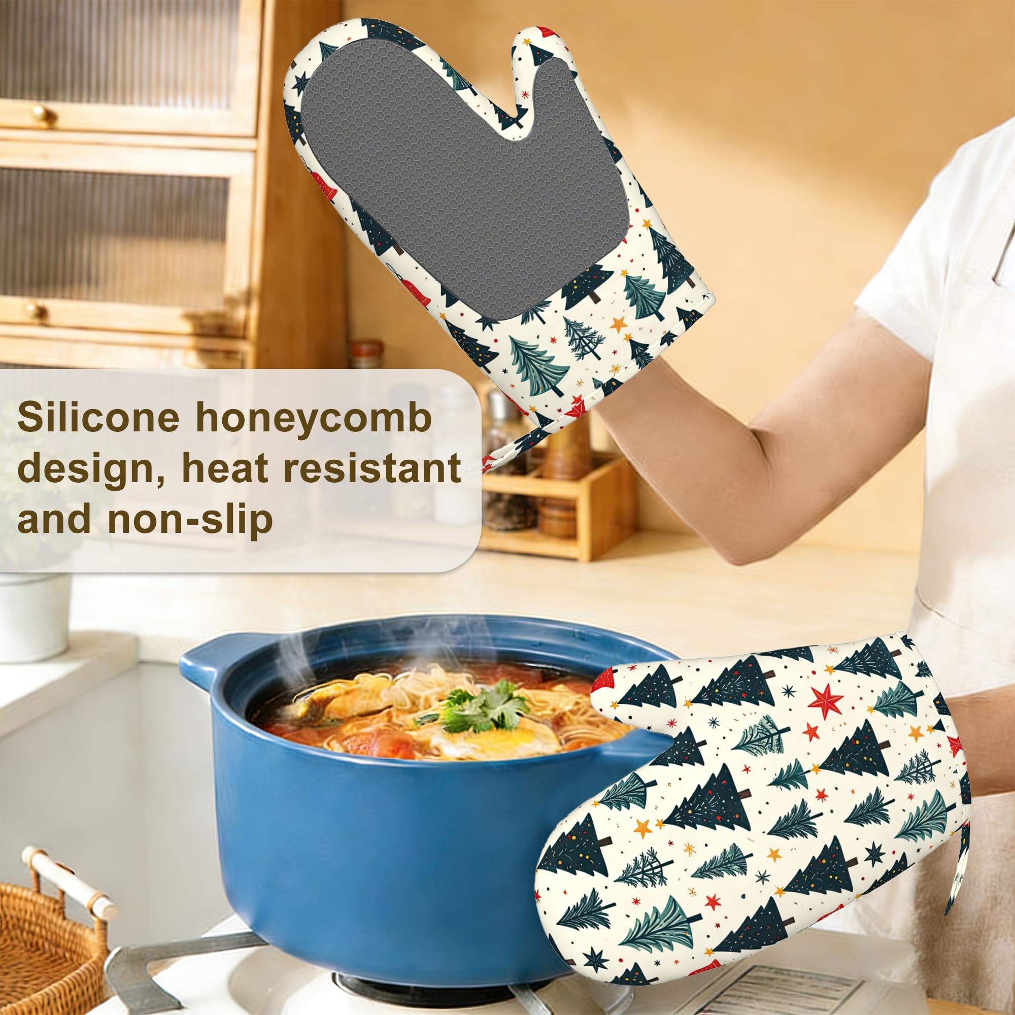 Juego de 4 manoplas de horno y soportes para ollas de pino de Navidad, guantes de cocina resistentes al calor con silicona antideslizante para hornear, cocinar, barbacoa