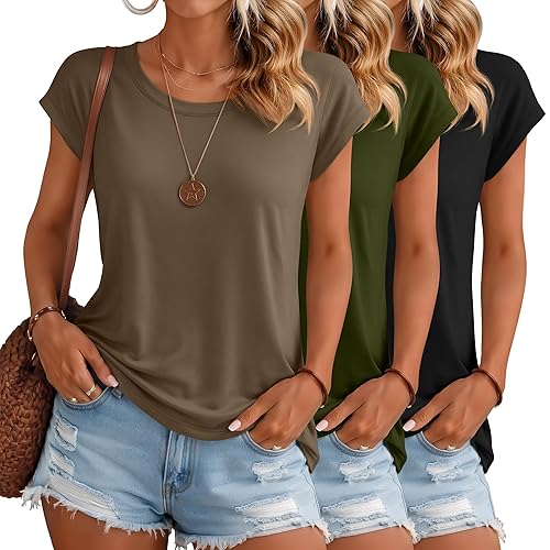 3 Pack Womens Cap Sleeve Tops Casual Loose Fit Shirts