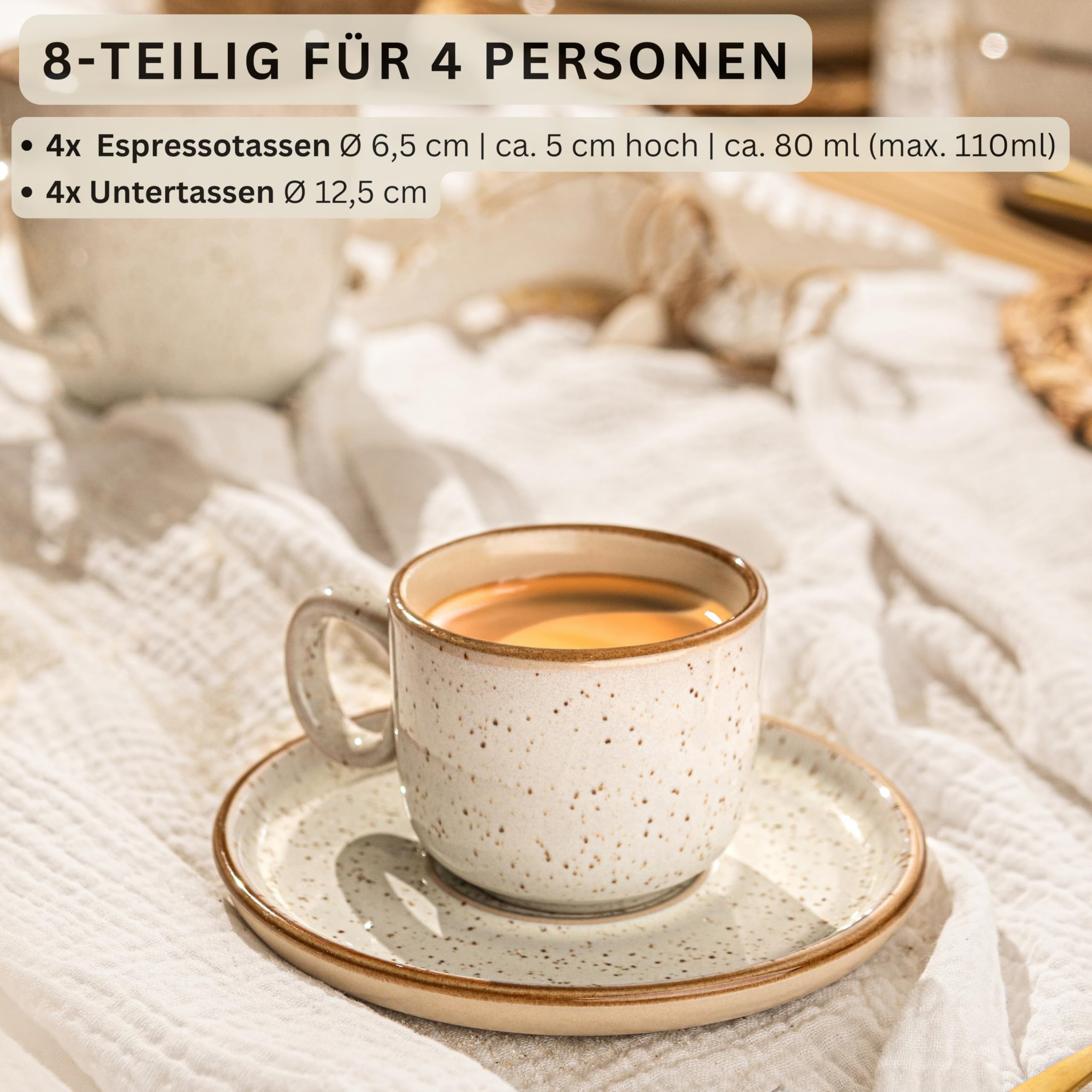 Sänger Rio Creme | Set di 8 tazze da caffè per 4 persone, tazze da caffè e moca, antigraffio, lavabili in lavastoviglie, adatte al microonde, 4 tazze e 4 piattini color crema da 80 ml | Value