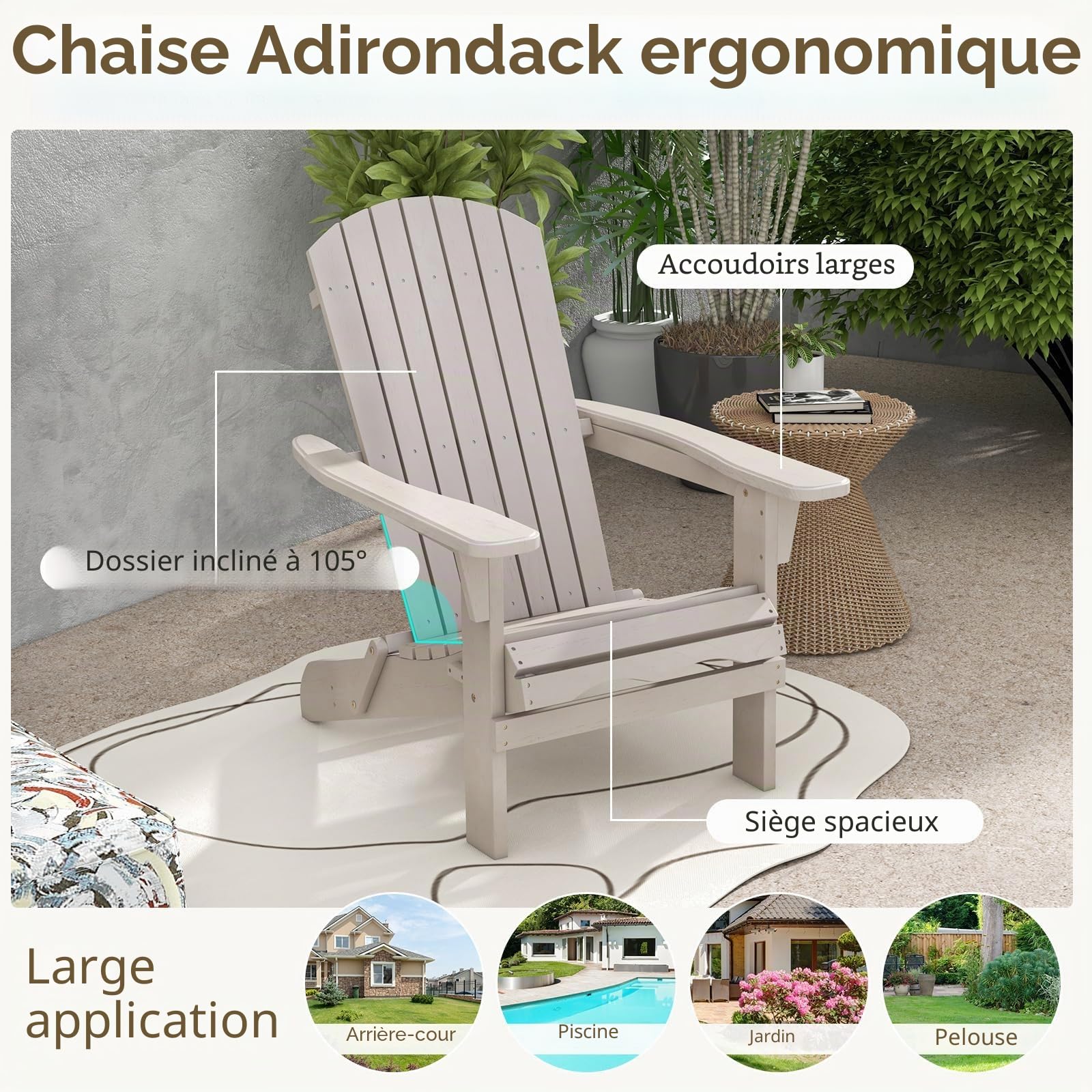 FANTASK Adirondack Lot de 2 chaises de Jardin avec Dossier Haut et accoudoirs Larges, 51 x 46 cm, Gris