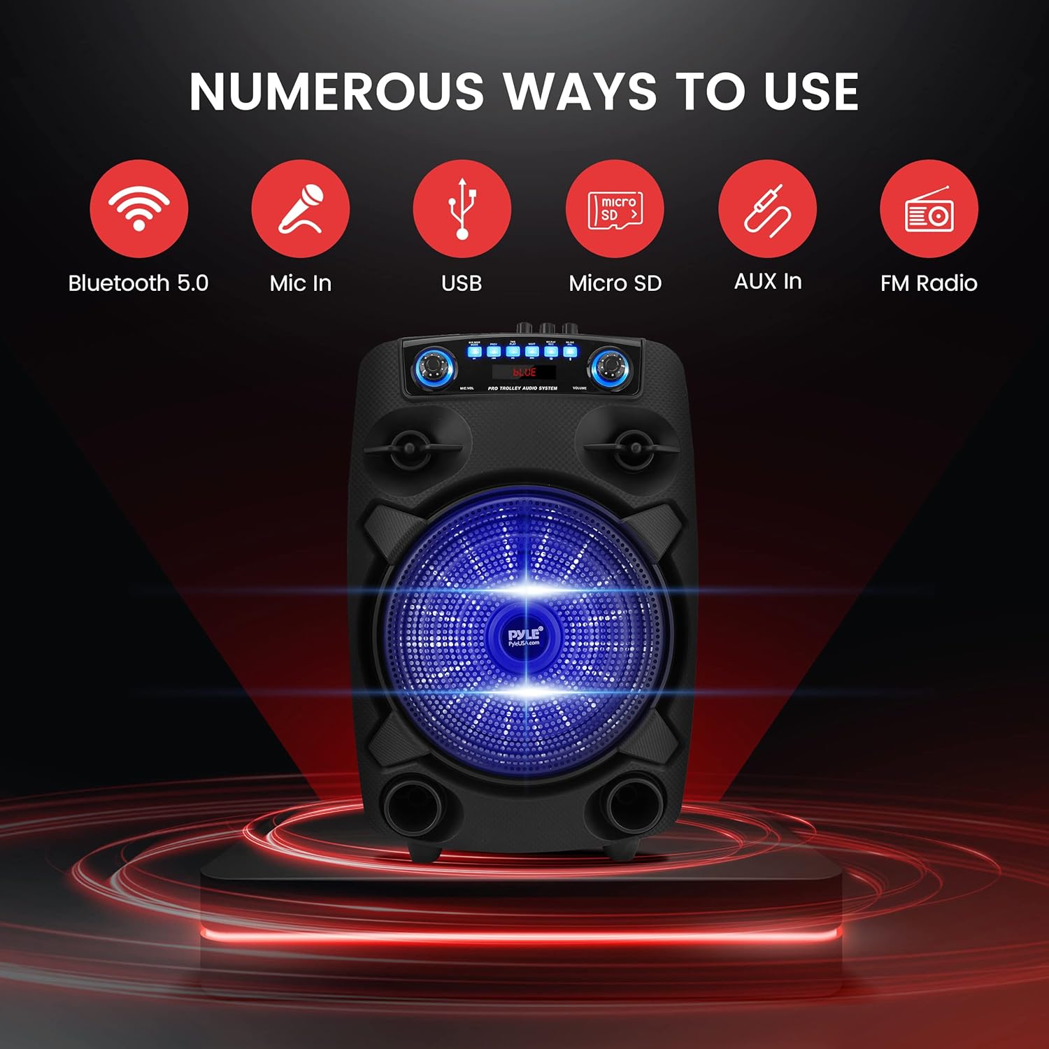 Pyle Portable Bluetooth PA Speaker System - 800W 12” Outdoor Bluetooth Speaker Portable PA System - Party Lights, USB SD Card Reader, FM Radio, Rolling Wheels - Wired microphone, Remote - PPHP127B - Image 3