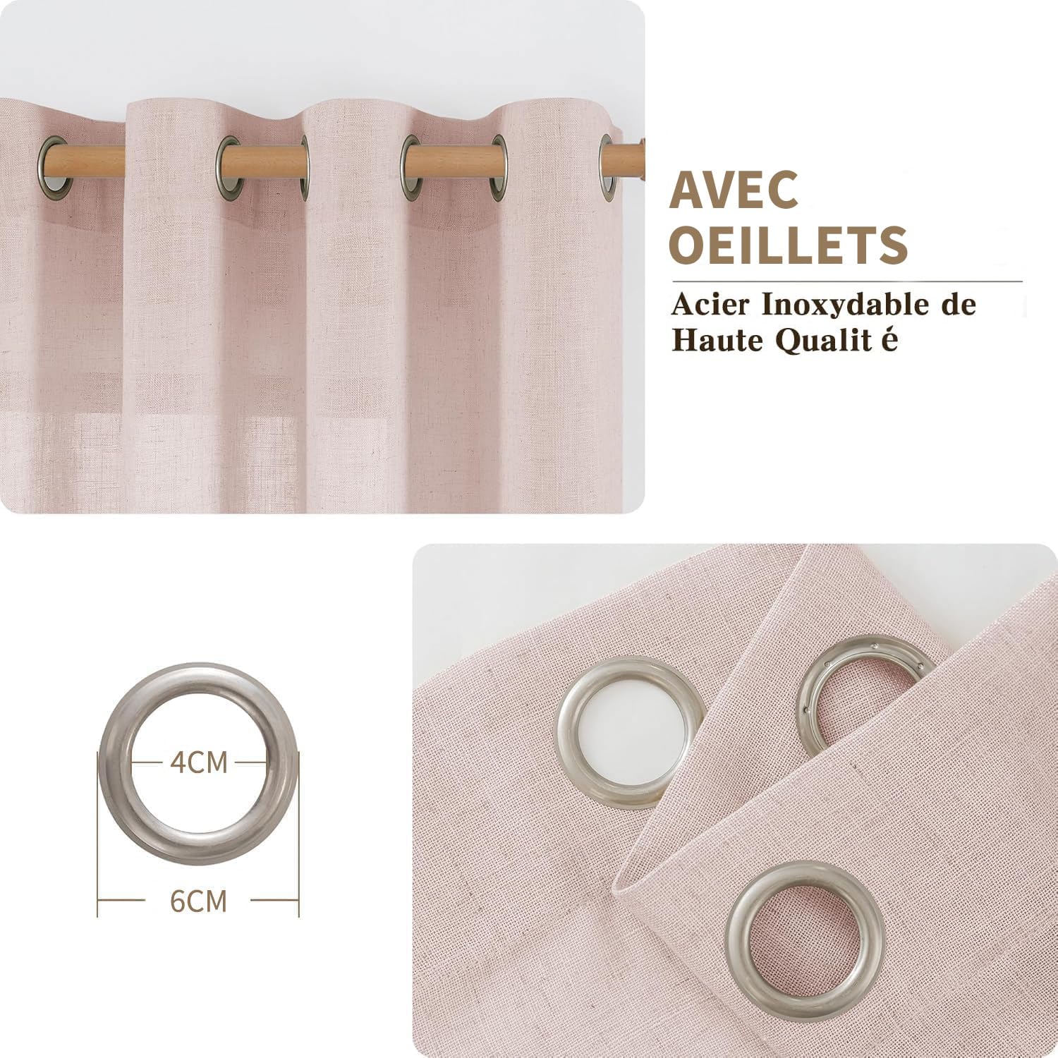 CUCRAF Rideau avec Oeillets Voilage Lin Semi-Transparent, Vieux Rose 140x245cm Lot de 2
