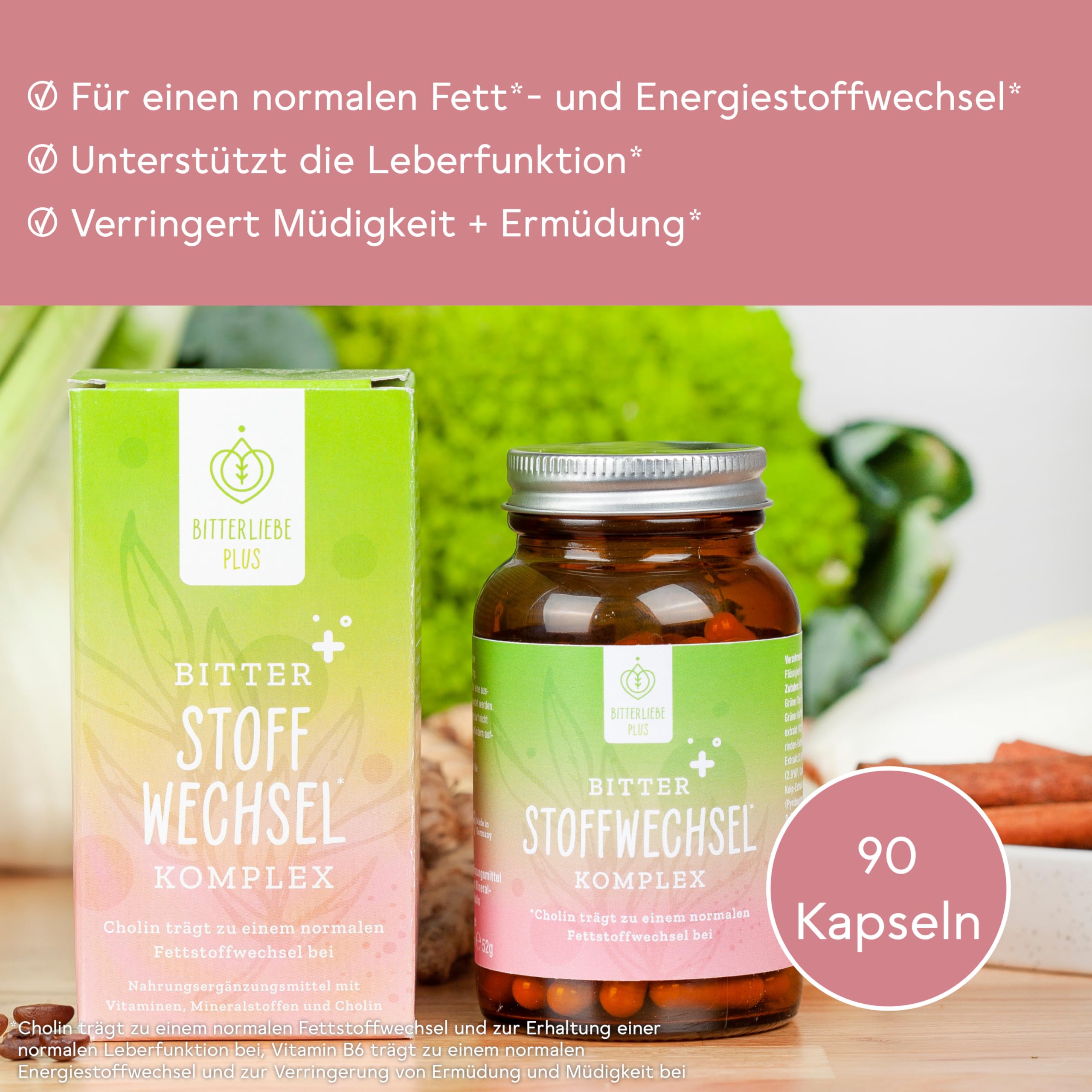 BitterLiebe® Bitter Stoffwechsel * Komplex - 90 hochdosierte Kapseln mit Cholin, Zink, Vitaminen & Bitterstoffen - Für einen normalen Fett- und Energiestoffwechsel *- Vegan & Made in Germany
