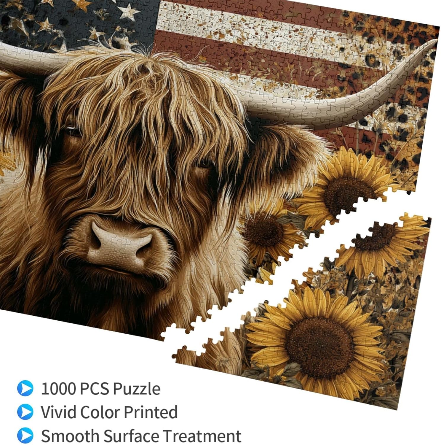 1000 Pieces Wooden Puzzles for Adults, Highland Cow with Sunflowers & American Flag, Vintage Patriotic Art, Brain Training Game, Farmhouse Decor, Great Gift for Cow Fans