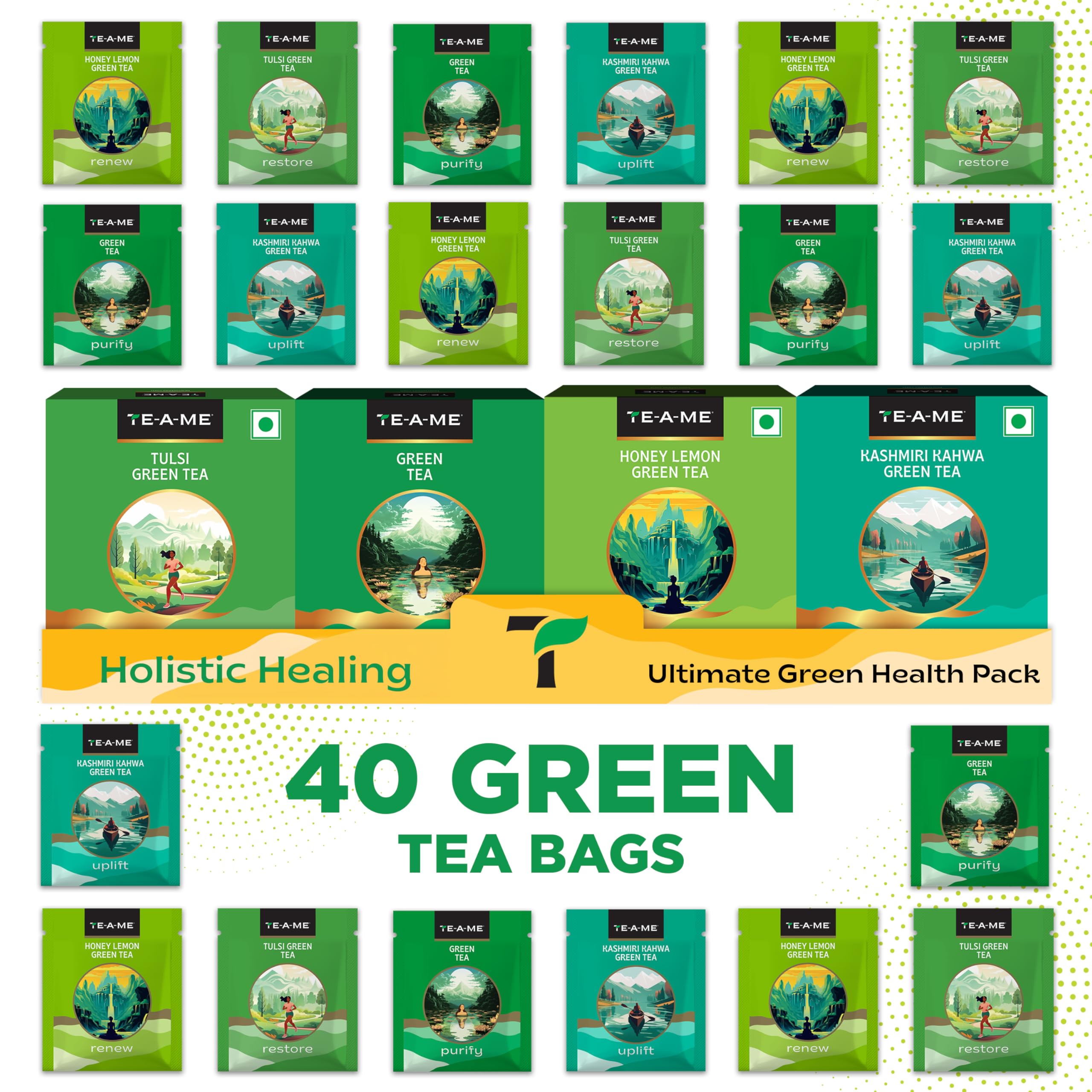 TE-A-ME Assorted Green Tea Bags 40 Pcs,60 Gram,Kashmiri Kahwa,Tulsi,Green,Honey Lemon | One Of The Best Choice For Tea Gifting