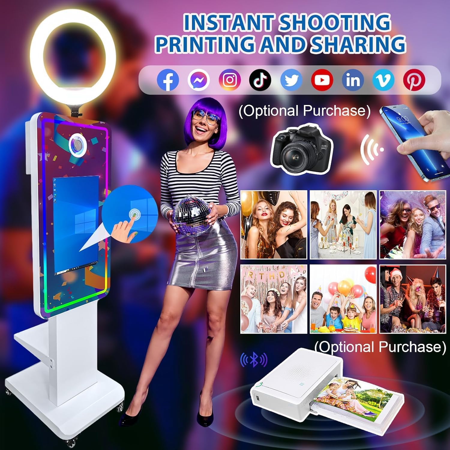 Cabina de fotos con espejo mágico de 45 pulgadas con pantalla táctil de 21.5 pulgadas, máquina de fotomatón de espejo selfie con anillo de luz RGB y funda de vuelo, cabina de fotos DSLR portátil para