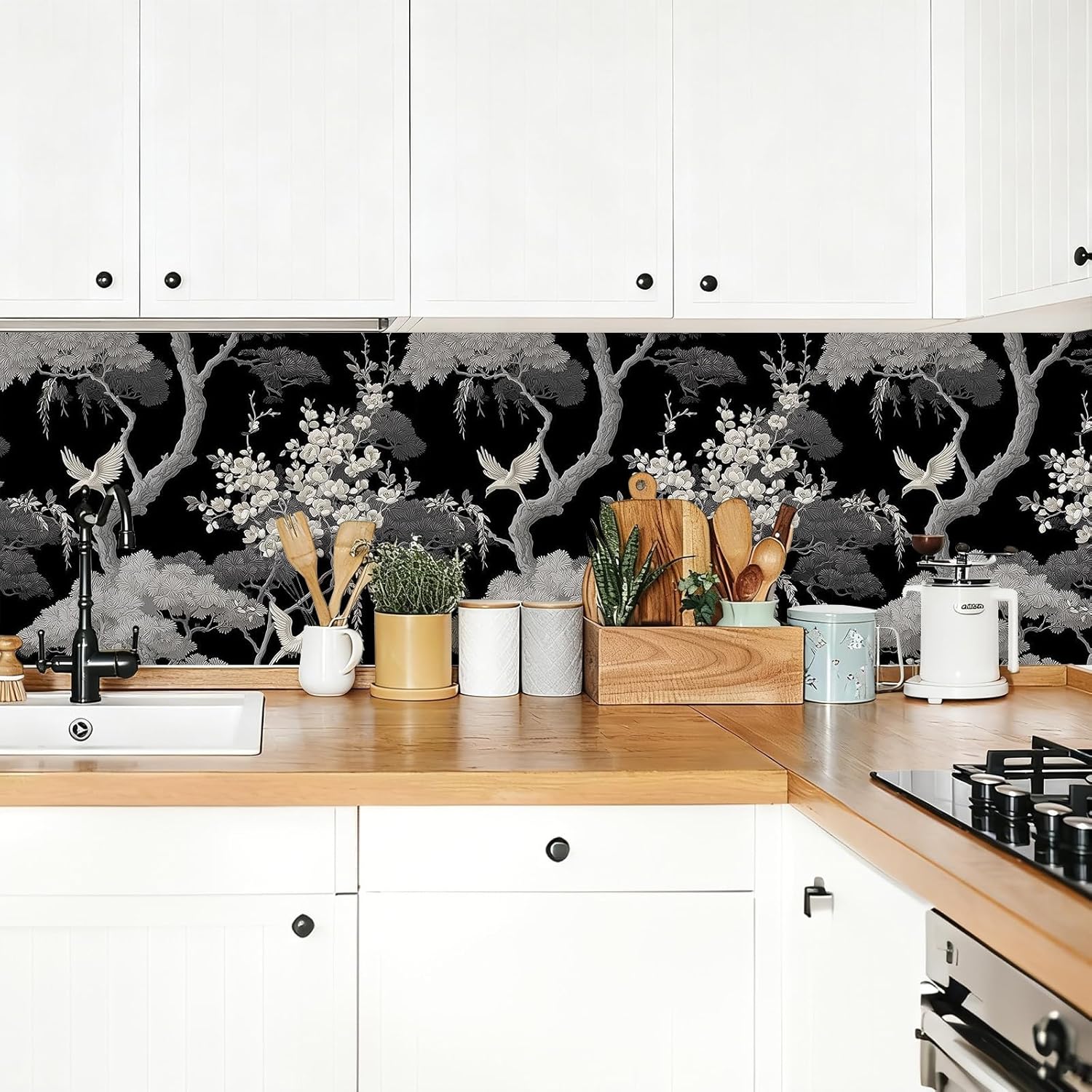 Dark Vintage Botanical Leaf Floral Wallpaper Self Adhesive Peel and Stick Bird Flower Chinoiserie Watercolor Contact Paper Removable Waterproof for Bedroom Renter Friendly 17.71"x118.1"