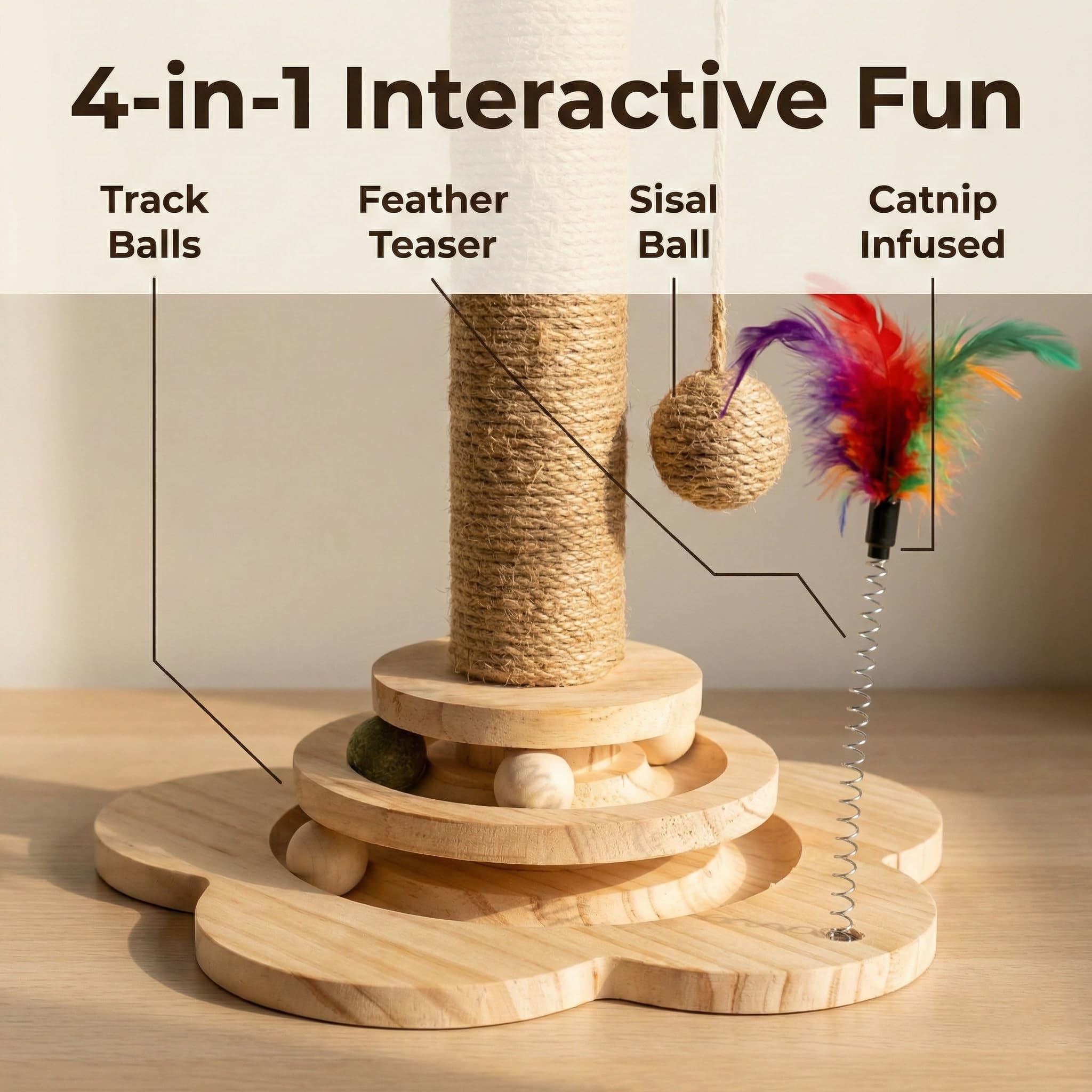 Rascador para Gatitos de Madera - Poste de Rascado Interactivo con Circuito de Bolas y Pluma - Árbol para Gatos Pequeño (46cm) de Cuerda de Yute Natural - Base Antideslizante y Estable (Beige)