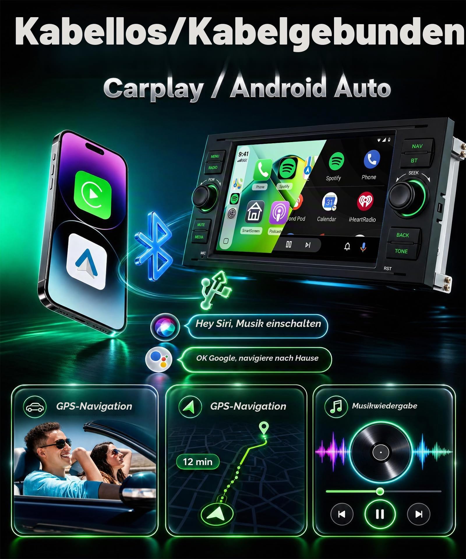 Rimoody Autoradio für Ford Focus C-Max S-Max Kuga Fiesta Transit Fusion Mondeo Galaxy Connect Wireless Carplay Android Auto Bluetooth FM/AM/RDS, 7 Zoll Touchscreen Radio EQ/SWC/USB/Navi Rückfahrkamera