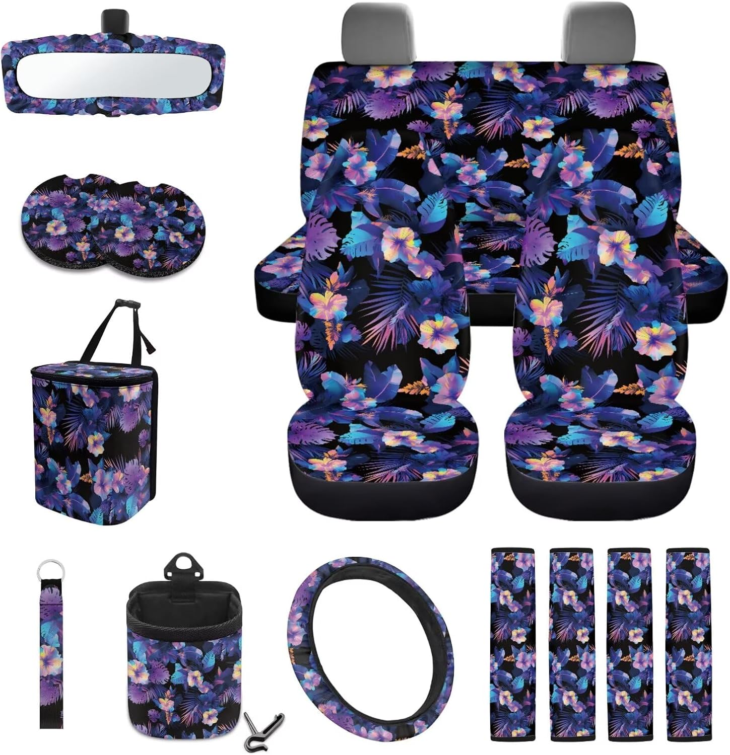 Hibiscus Palm Leaf Print 15 Pack Car Seat Cover Sets, Steering Wheel Cover + Vehicle Trash Can + Car Air Vent Pouch + Auto Seat Belt Cover + Rearview Mirror Cover + Keychain + Coasters