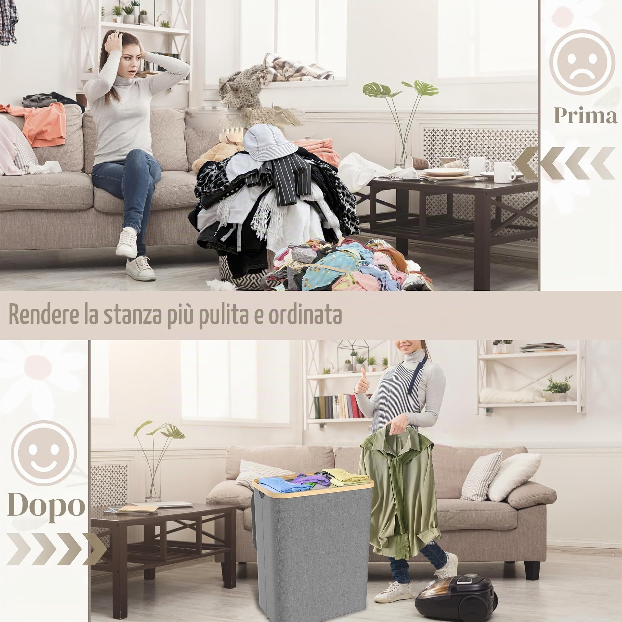 NAIZY Cesto portabiancheria con coperchio 140L, con 3 scomparti. Cesto per la biancheria lavabile e con maniglia estraibile, cesto portabiancheria rimovibile, separatore per biancheria, grigio