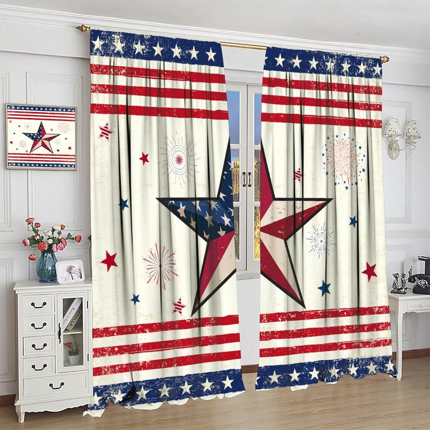 American Flag Curtains,Red Blue Star USA Flag Stripes Stars Vintage Style Window Treatments for Bedroom Living Room Kitchen Independence Day Window Drapes 2 Panels Set,Total Size 63" x 63"