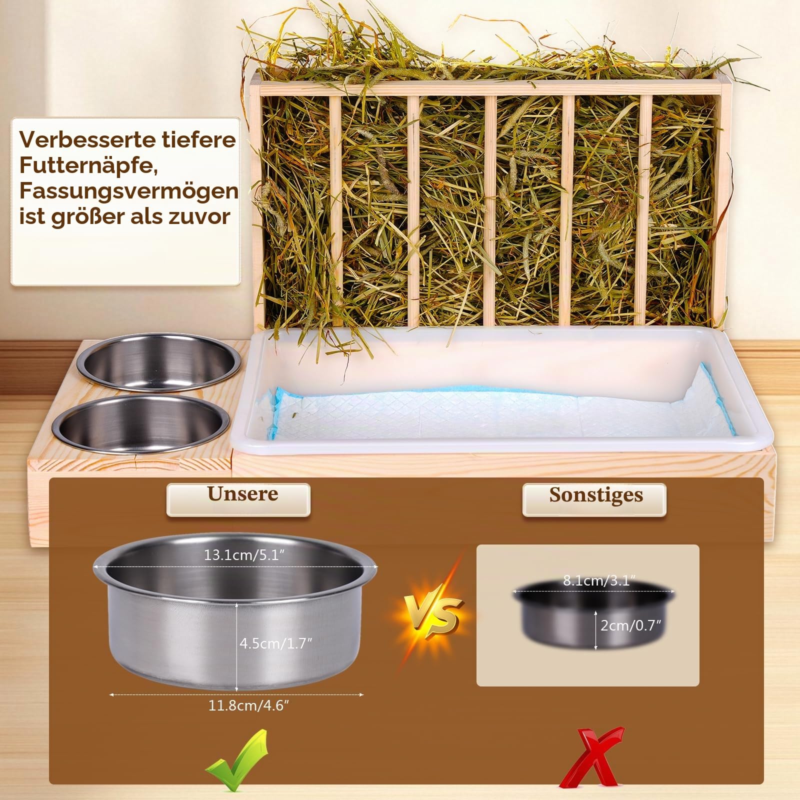 3 in 1 Heufutterstation für Kaninchen mit Katzentoilette und Futterschalen aus Holz für kleine Haustiere Heufutterstation Heufutterspender für Kaninchen Hamster Meerschweinchen