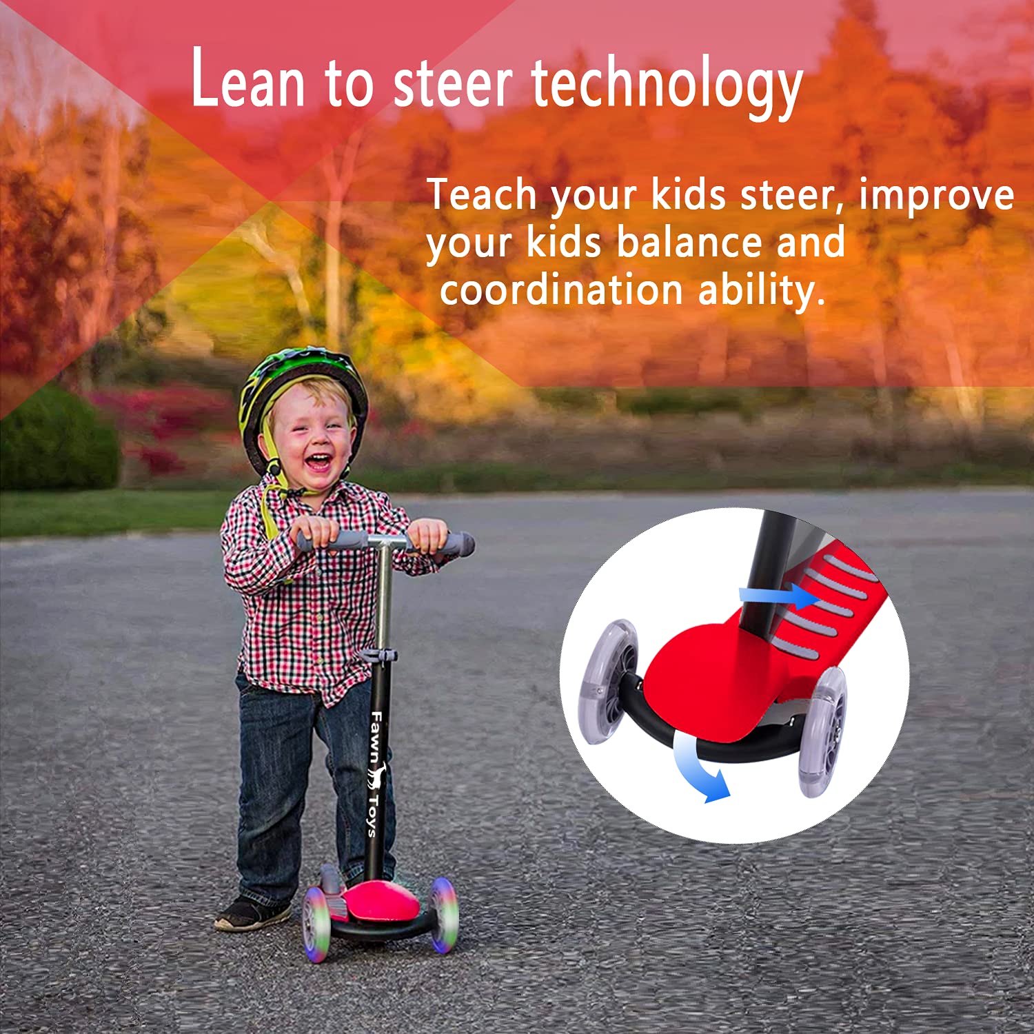 Close-up of the FAWN TOYS scooter's extra-wide deck and colourful LED wheels.