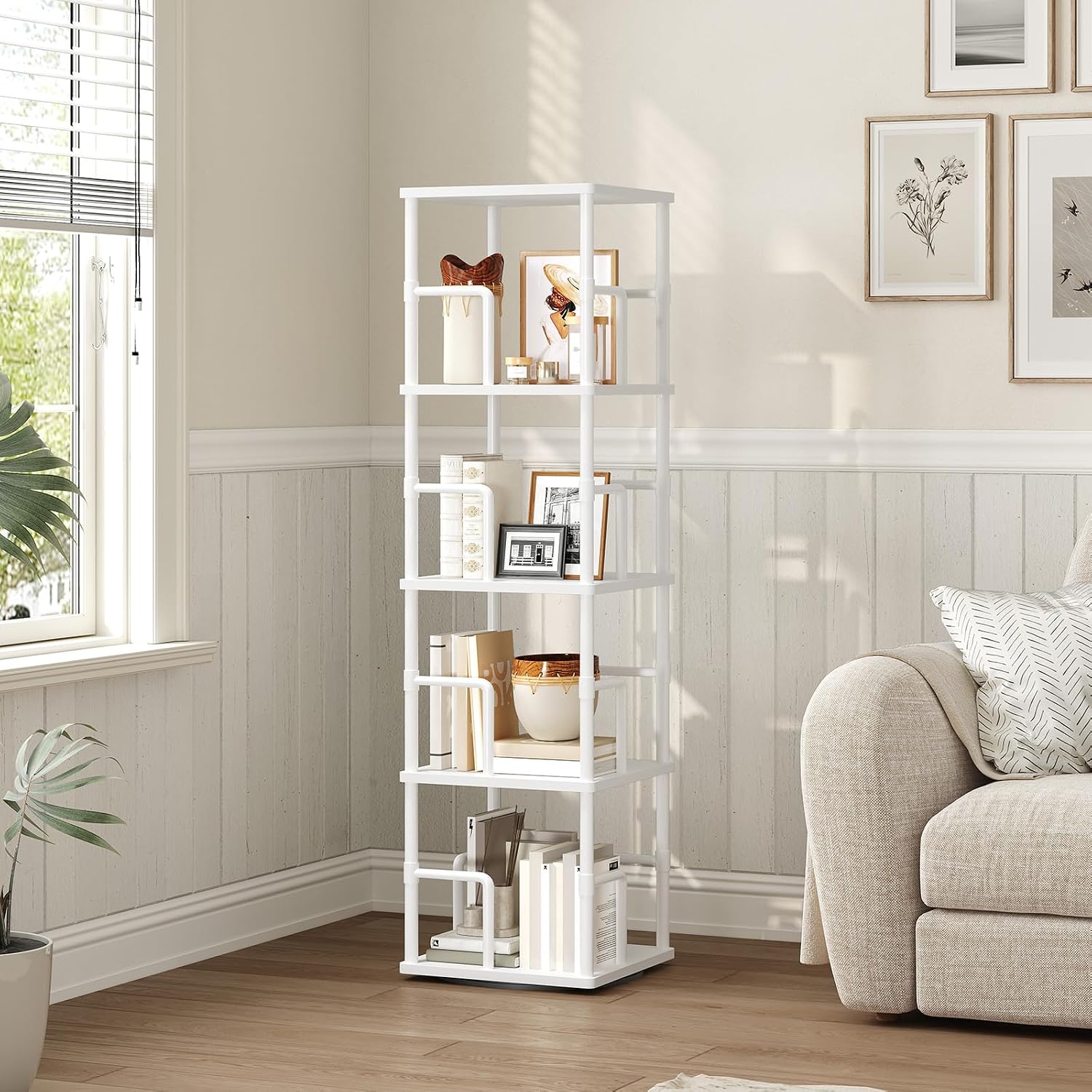 MAHANCRIS 4-Tier Rotating Bookshelf, Freestanding Corner Bookshelf, 360° Spinning Bookcase, Industrial Style Storage Rack with Rails, for Living Room, Bedroom, Study, White BKWT1501