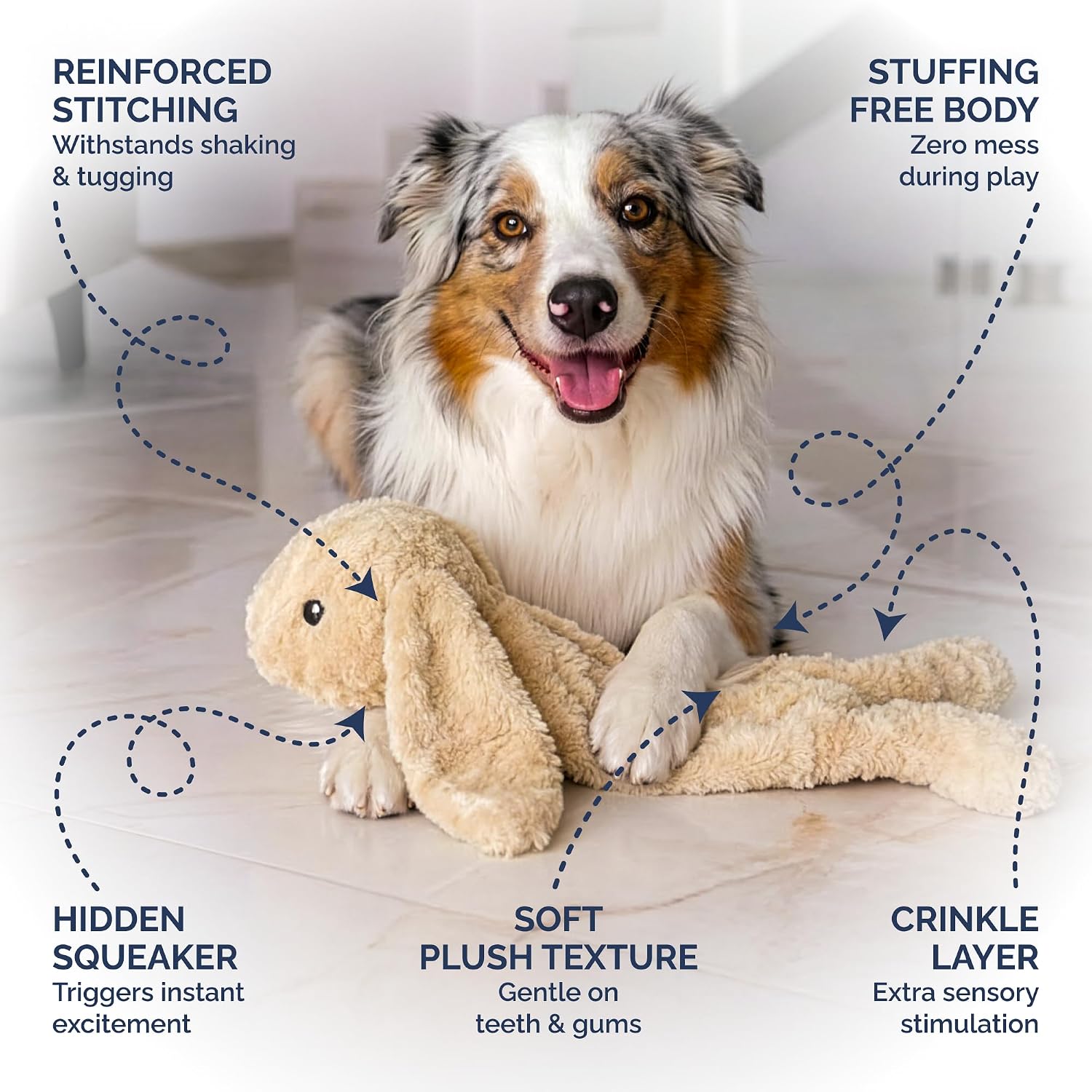 Petlou Stuffingless Floppy Plush Dog Toys with Durable Squeak and Crinkle Paper Dog Chew Toys for Large Dogs and Medium Dogs (TAN, 19 Inch Floppy Rabbit 3) image 2