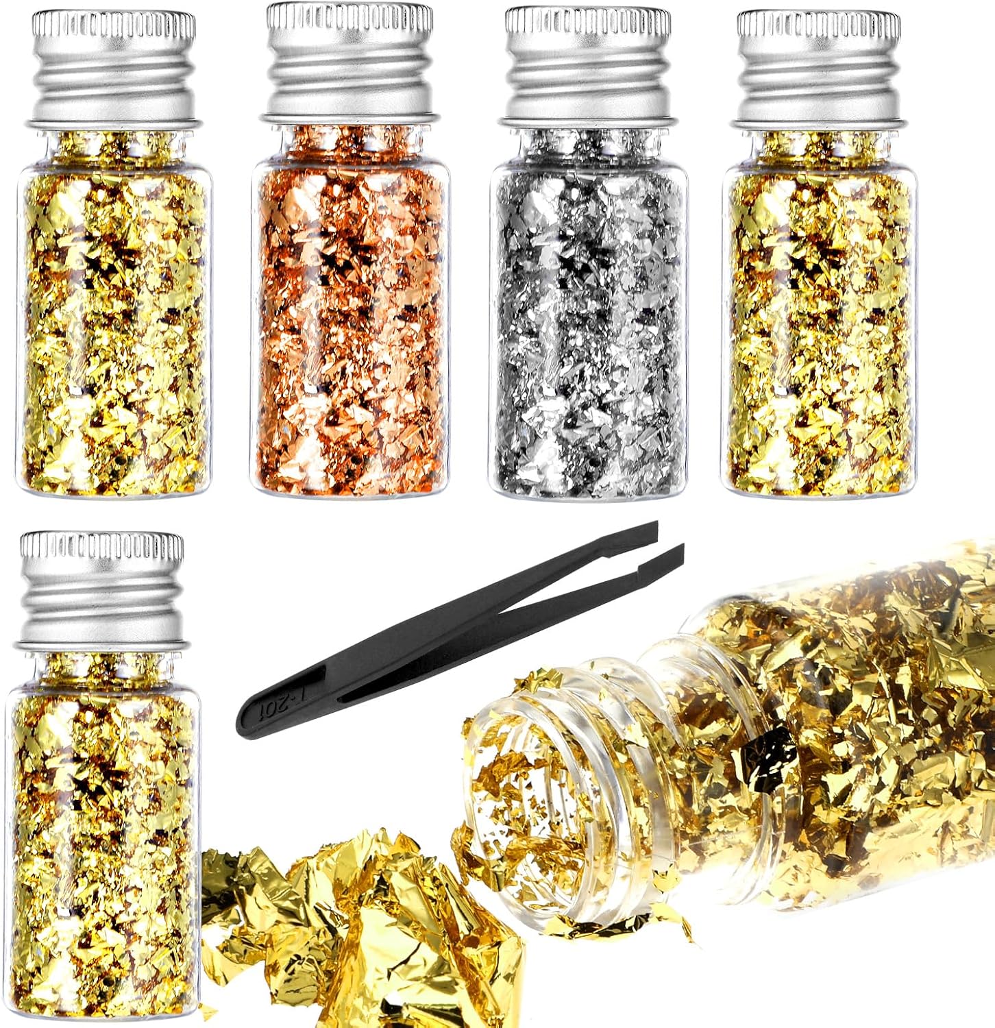 Grevosea 5 Pcs Gold Foil Flakes for Resin, Decorative Gold Leaf with Tweezer Metallic Gold Flakes for Nail Art Crafts Makeup Painting Jewelry Making Cake Decorating (Gold, Silver, Rose Gold)