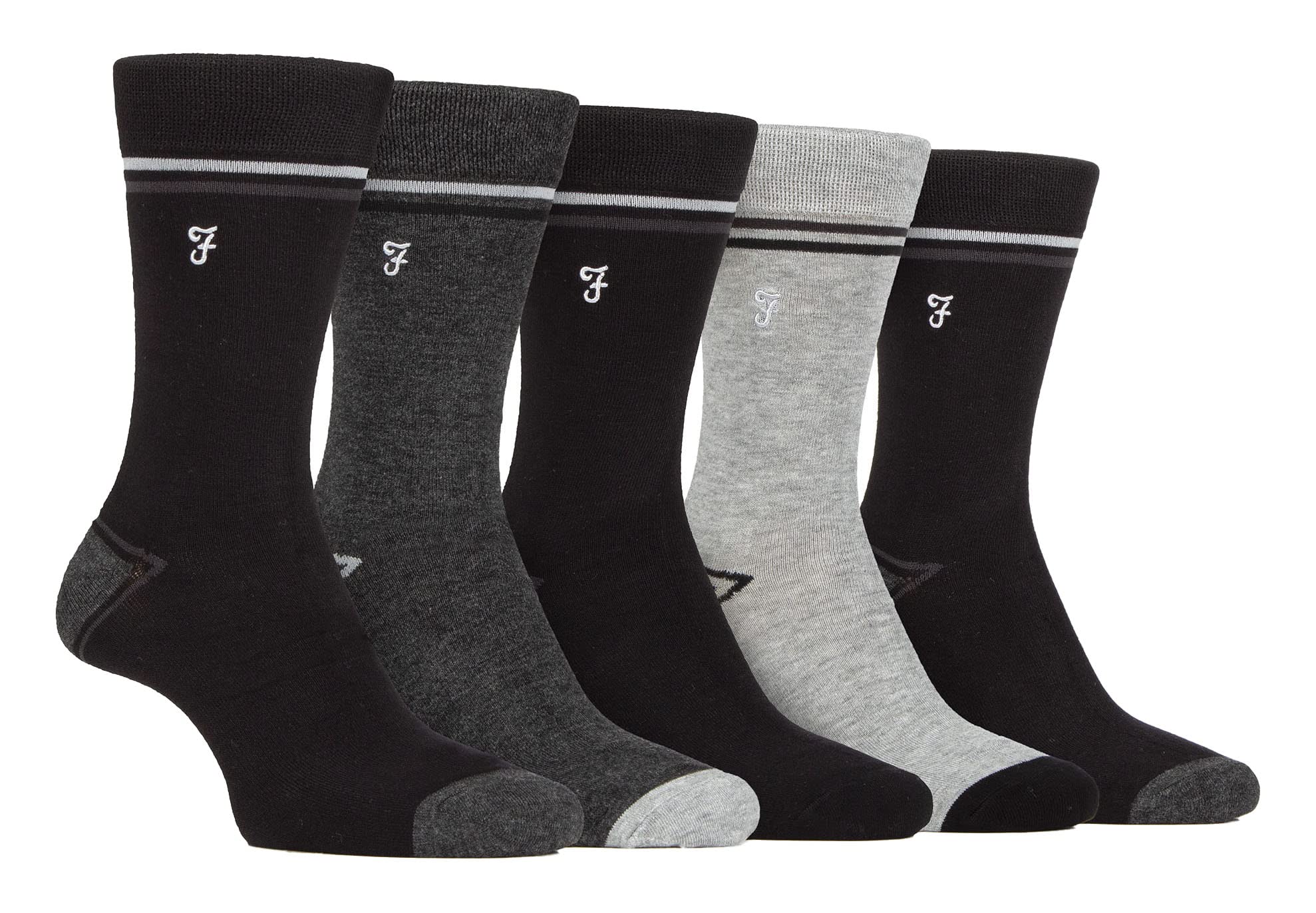 Farah - Mens 5 Pack Natural Organic Bamboo Bright Striped Patterned Socks (6-11, Black/Charcoal)