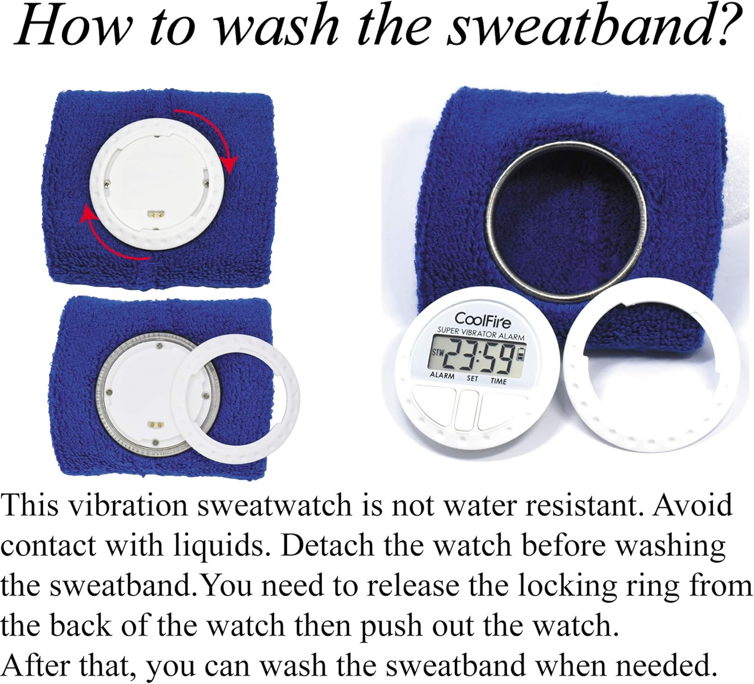 Instructions on how to wash the Coolfire Vibrating Alarm Clock sweatband, showing how to detach the watch unit from the band.