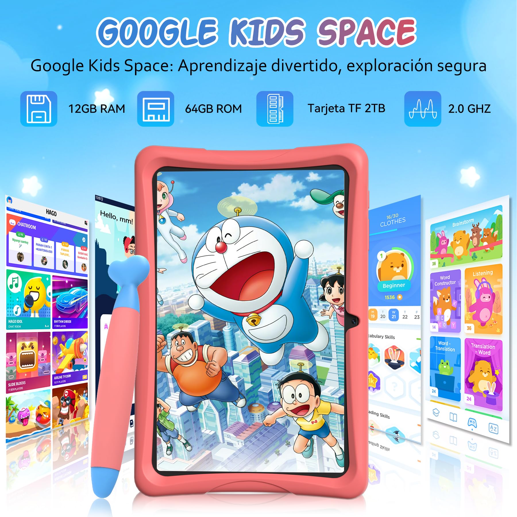 TABWEE K10 Tablet para Niños 10 Pulgadas, 12 GB RAM+64 GB ROM (TF 2 TB) | Tableta Infantil con Google Kids Space, Tableta Educativa para Niños con Wi-Fi, Control Parental, Funda Rosa