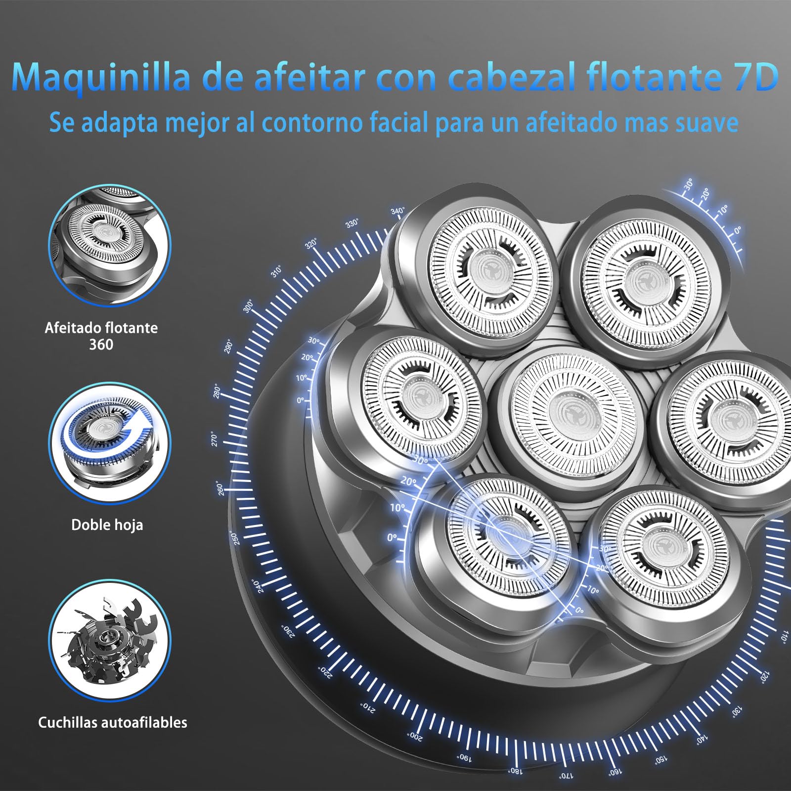 Afeitadora cabeza hombre, Maquina afeitar cabeza 7D para hombre magnético, Recargable portátil, Impermeable, para uso en seco y húmedo, Con Pantalla LED Bloqueo de Viaje (4in)