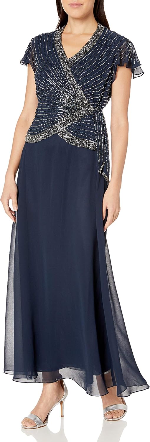 J Kara Womens Petite Faux Wrap Long Dress W/Flutter SleeveSpecial Occasion Dress