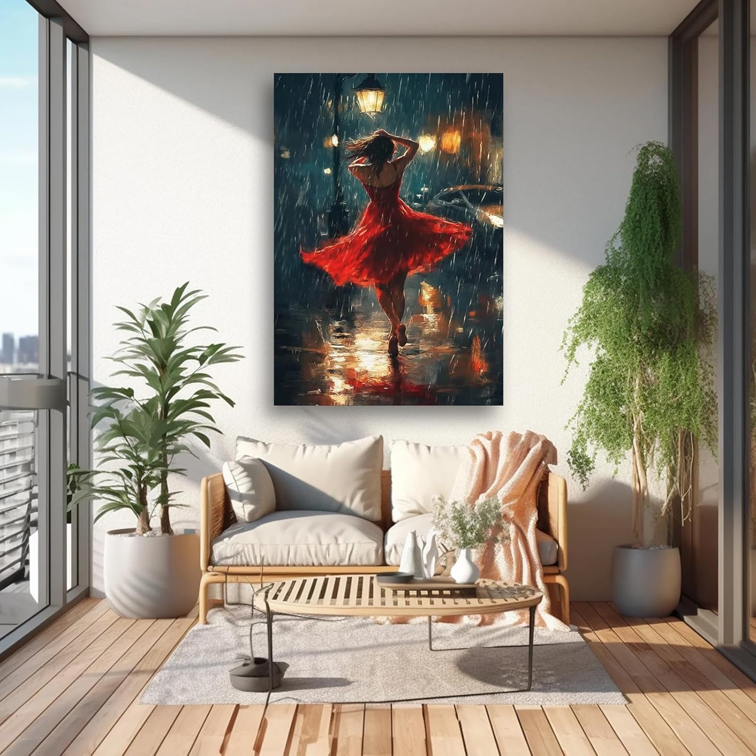 Dancing Woman in Red Dress Wall Art, Romantic Rainy Night Art, Elegant Cityscape Wall Art for Living Room, Bold and Emotional Artwork Ready To Hang (Framed,28×40-inch)